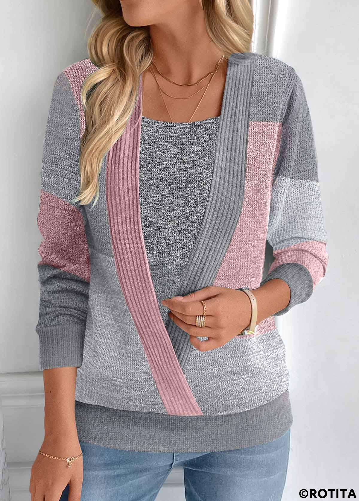 Dark Grey tops,Dusty Pink tops,Contrast Color tops,ROTITA Fake 2in1 Dark Grey Square Neck Long Sleeve Sweatshirt