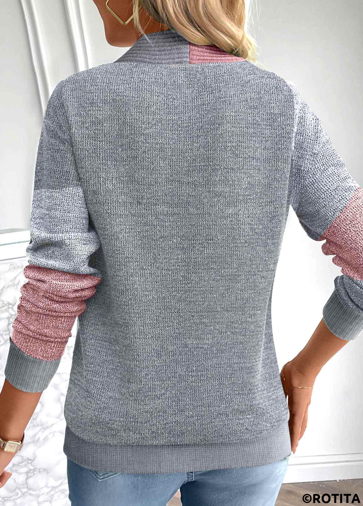 Dark Grey tops,Dusty Pink tops,Contrast Color tops,ROTITA Fake 2in1 Dark Grey Square Neck Long Sleeve Sweatshirt