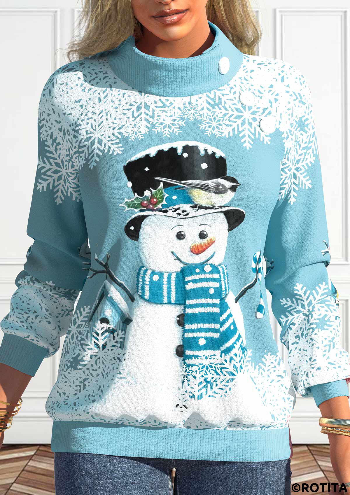 Light Blue tops,Christmas tops,ROTITA Button Snowman Print Light Blue Stand Collar Sweatshirt