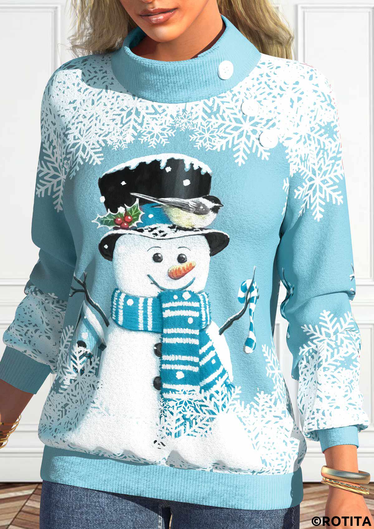 Light Blue tops,Christmas tops,ROTITA Button Snowman Print Light Blue Stand Collar Sweatshirt