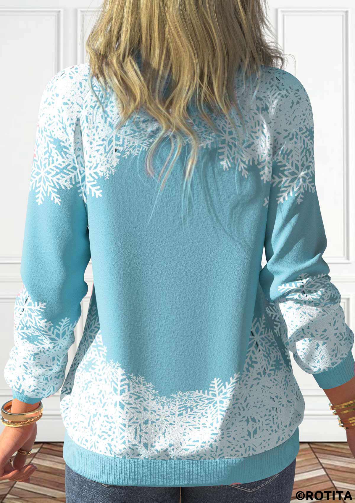 Light Blue tops,Christmas tops,ROTITA Button Snowman Print Light Blue Stand Collar Sweatshirt