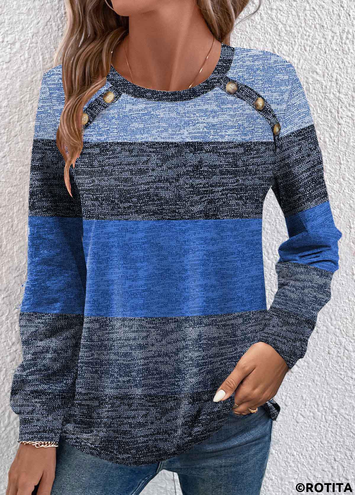 Blue tops,Grey tops,Striped tops,Geometric tops,ROTITA Button Striped Blue Round Neck Long Sleeve T Shirt