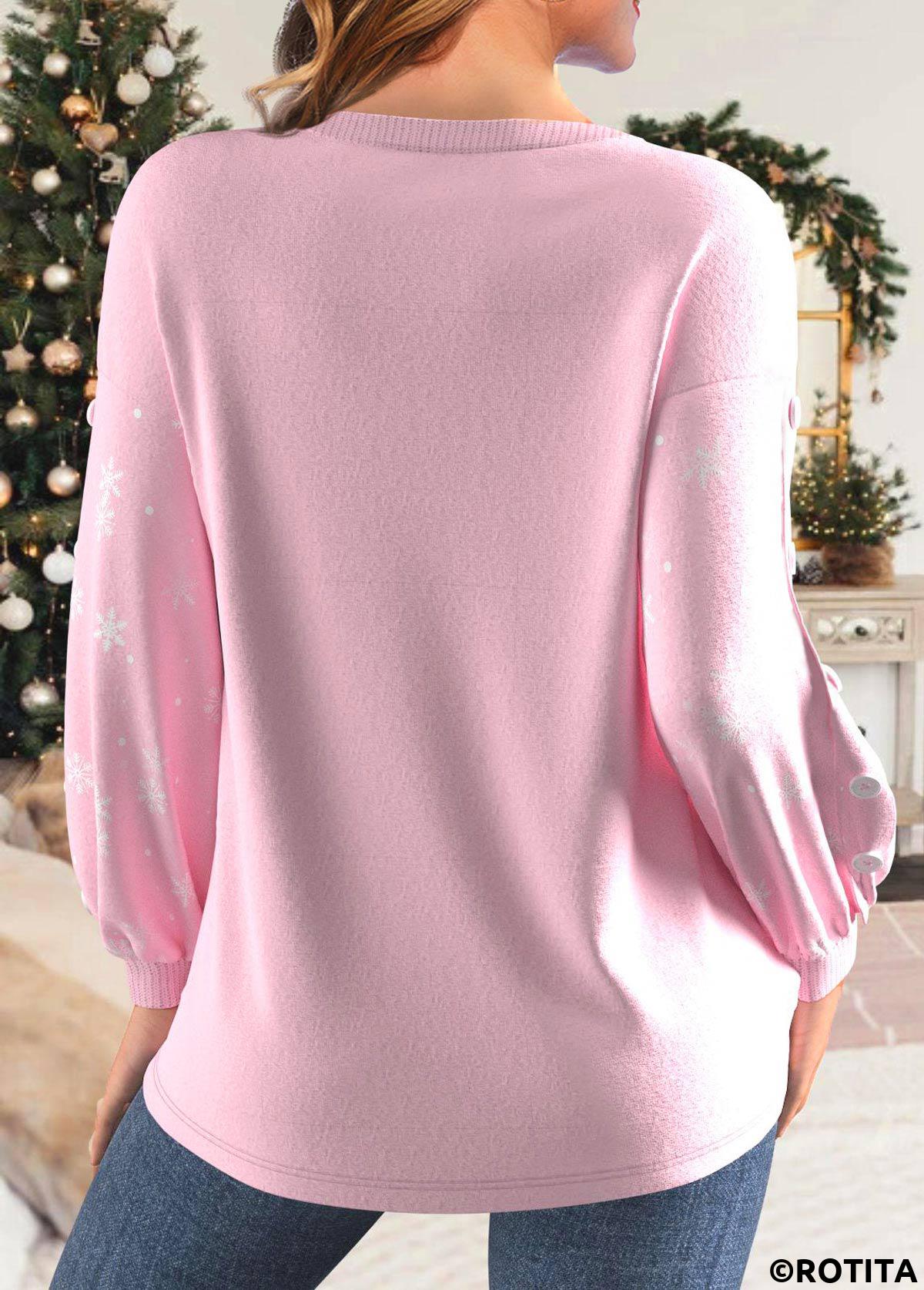 Light Pink tops,Christmas tops,Plants tops,Letter tops,ROTITA Button Christmas Print Light Pink Round Neck Sweatshirt