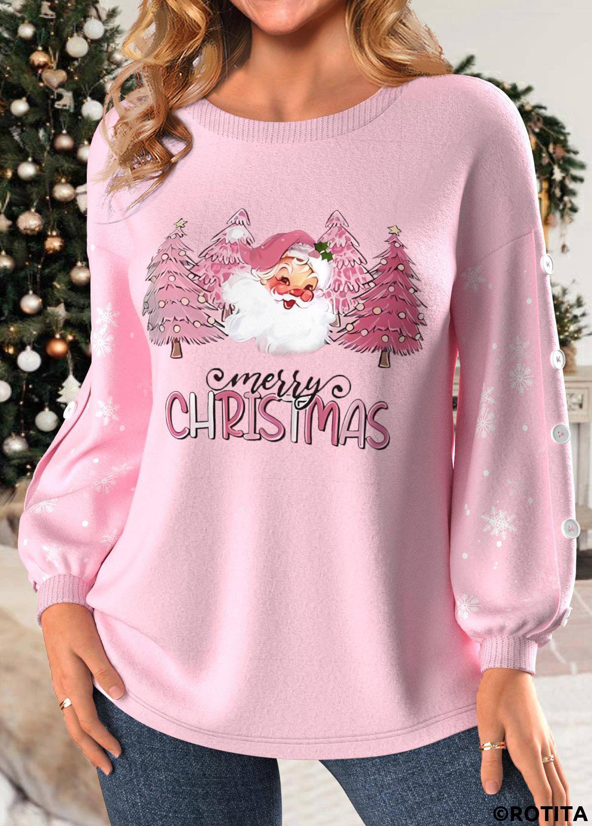 Light Pink tops,Christmas tops,Plants tops,Letter tops,ROTITA Button Christmas Print Light Pink Round Neck Sweatshirt