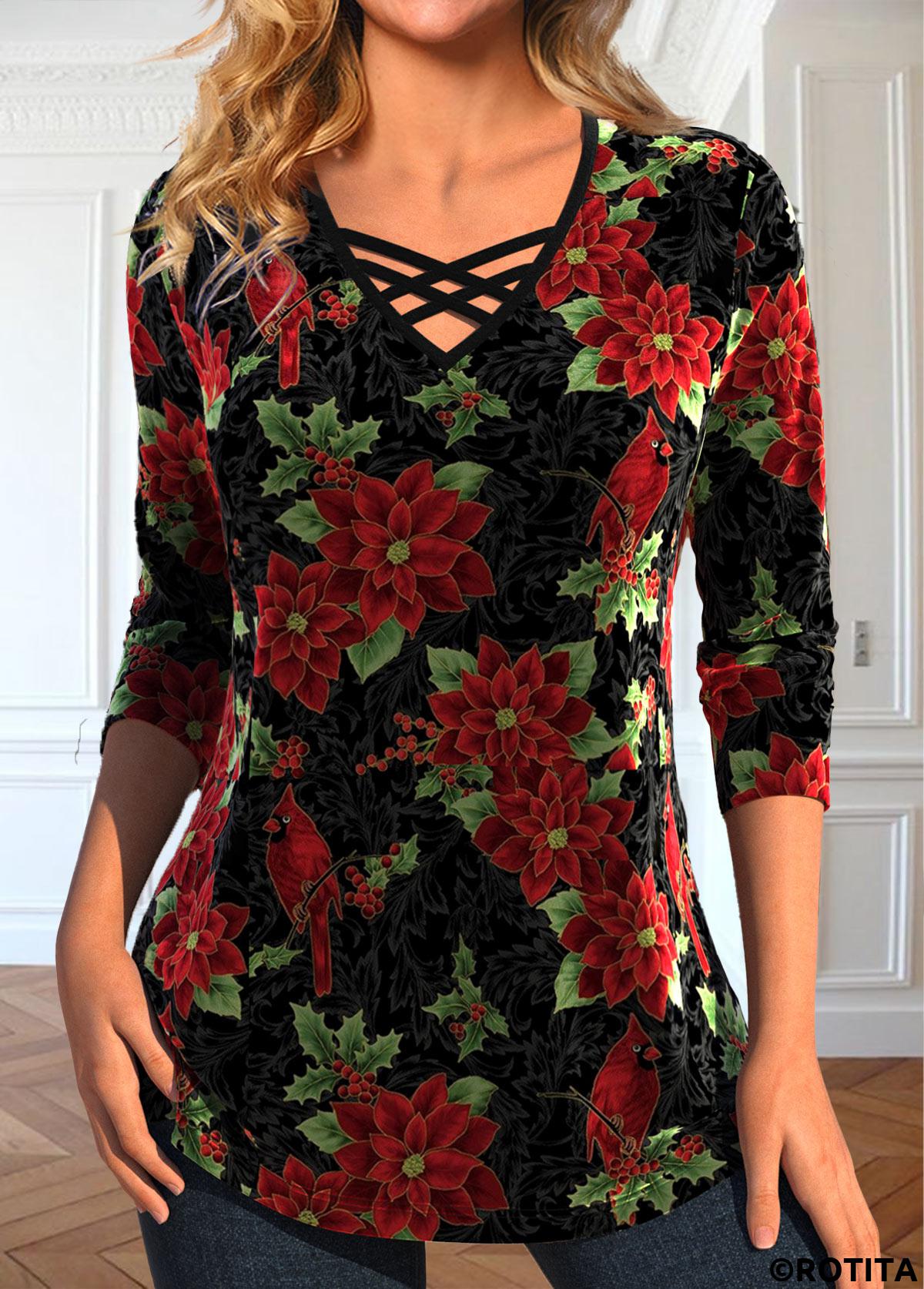 Black tops,Red tops,Floral tops,Plants tops,ROTITA Velvet Christmas Print Black V Neck T Shirt