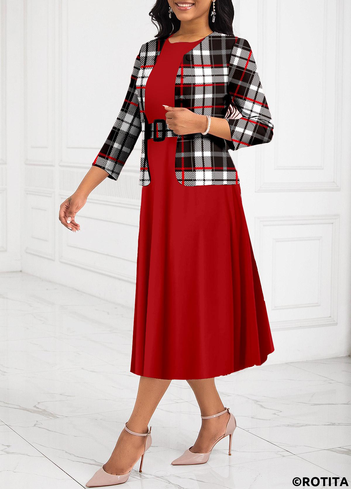 Red plus size,Plaid plus size,Striped plus size,Geometric plus size,ROTITA Plus Size Two Piece Red Belted Plaid Dress
