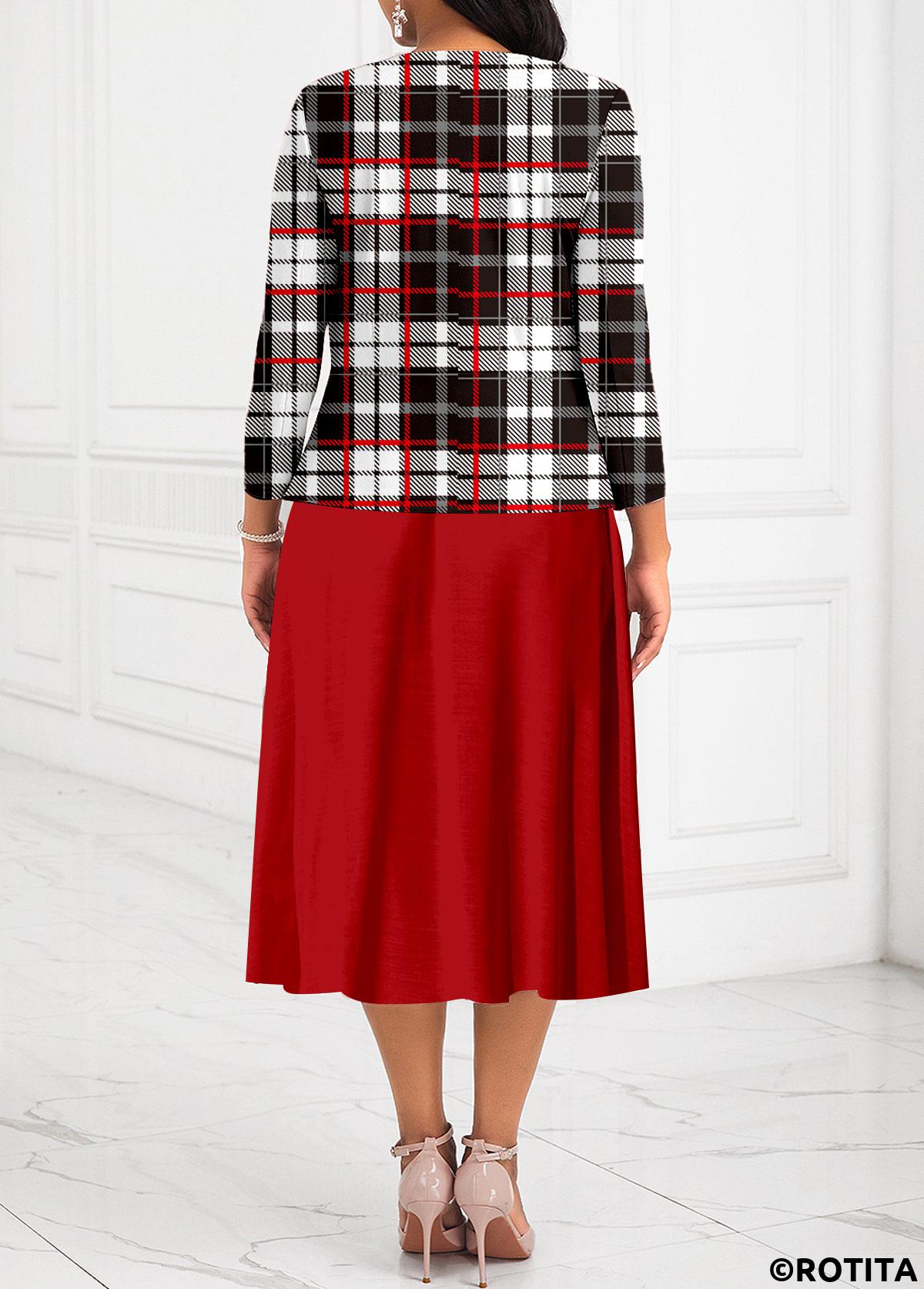 Red plus size,Plaid plus size,Striped plus size,Geometric plus size,ROTITA Plus Size Two Piece Red Belted Plaid Dress