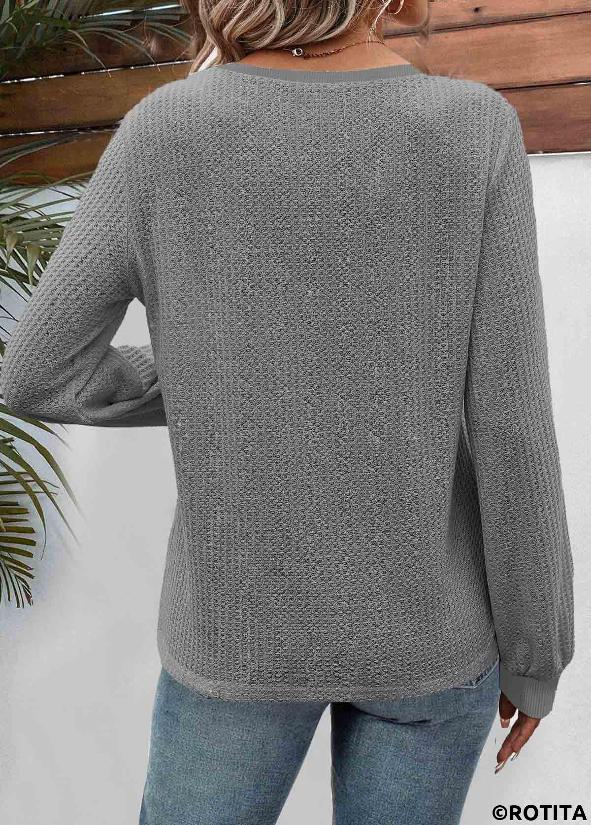 Dark Grey tops,Floral tops,Plants tops,ROTITA Patchwork Floral Print Dark Grey Round Neck Sweatshirt