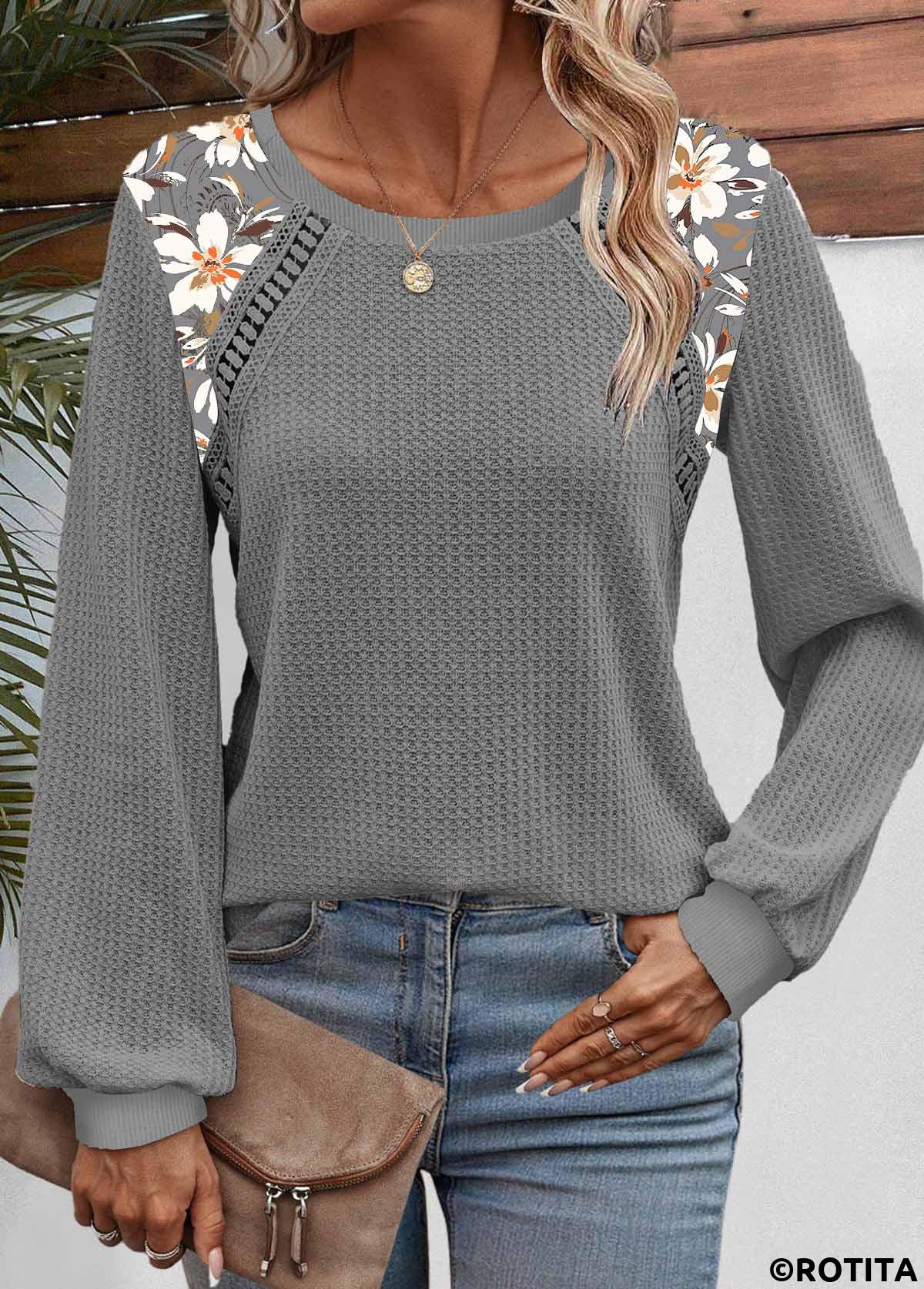 Dark Grey tops,Floral tops,Plants tops,ROTITA Patchwork Floral Print Dark Grey Round Neck Sweatshirt