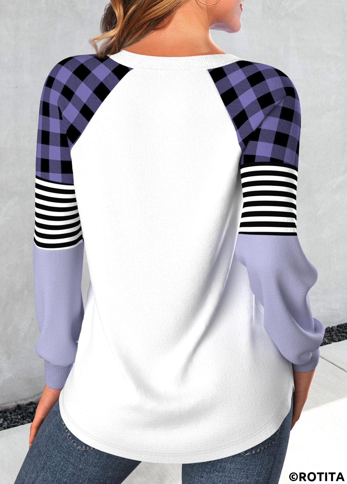 Light Purple tops,White tops,Christmas tops,Plaid tops,Striped tops,Geometric tops,ROTITA Patchwork Snowman Print Light Purple Round Neck T Shirt