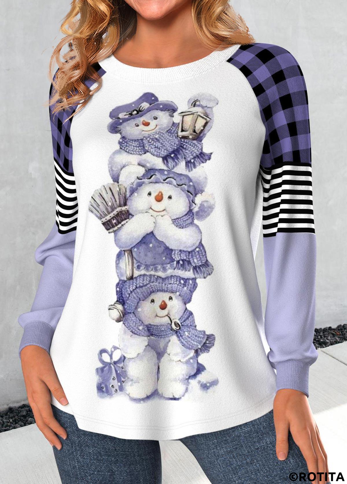 Light Purple tops,White tops,Christmas tops,Plaid tops,Striped tops,Geometric tops,ROTITA Patchwork Snowman Print Light Purple Round Neck T Shirt