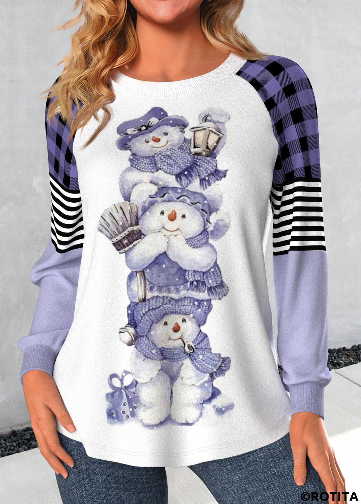 Light Purple tops,White tops,Christmas tops,Plaid tops,Striped tops,Geometric tops,ROTITA Patchwork Snowman Print Light Purple Round Neck T Shirt