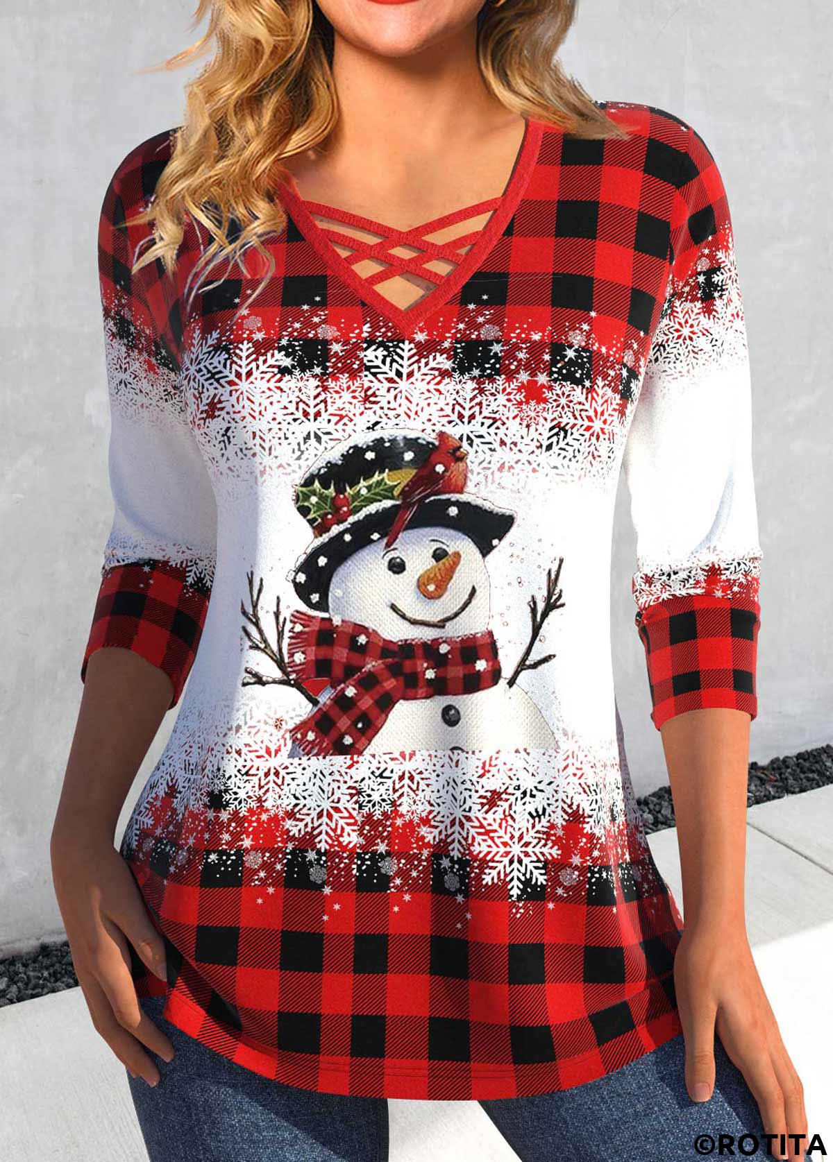 Red tops,Christmas tops,ROTITA Criss Cross Snowman Print Red V Neck T Shirt