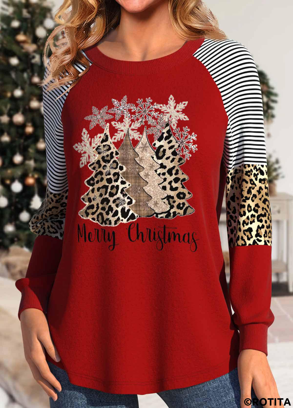 Red tops,Christmas tops,Geometric tops,Striped tops,Letter tops,ROTITA Patchwork Christmas Tree Print Red Round Neck T Shirt