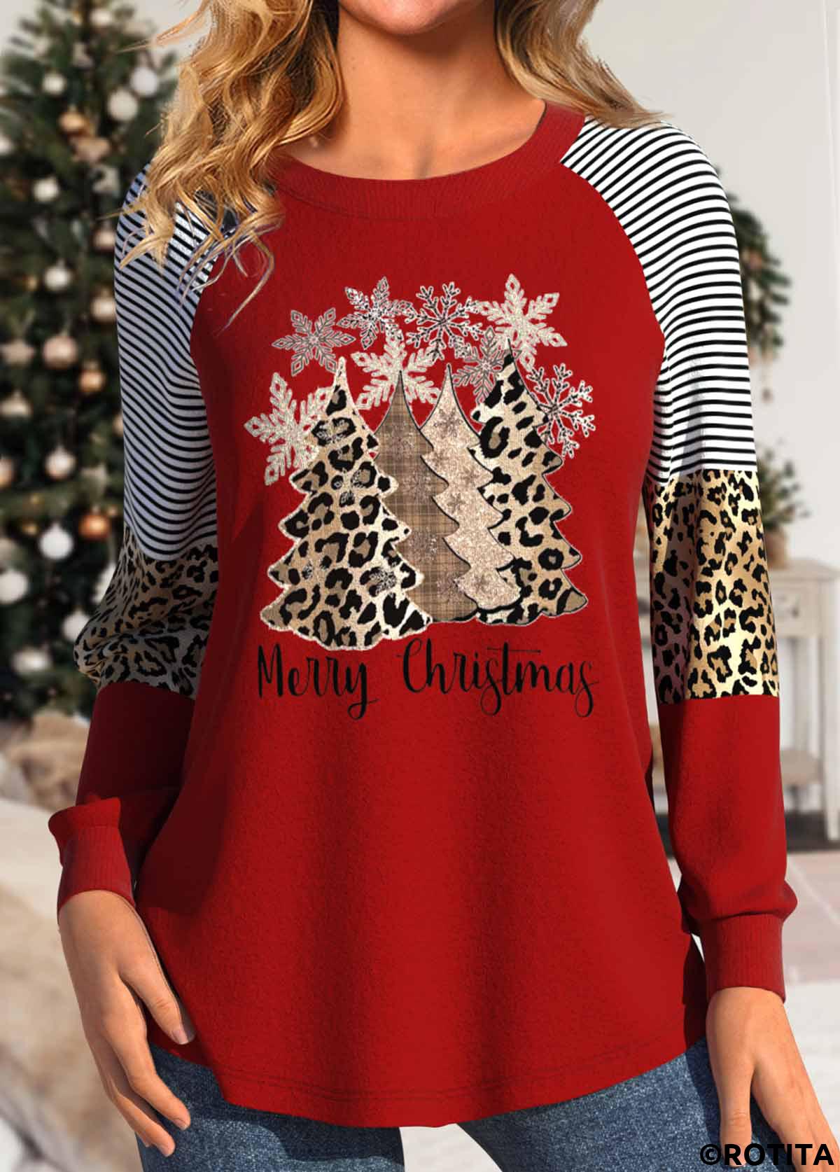 Red tops,Christmas tops,Geometric tops,Striped tops,Letter tops,ROTITA Patchwork Christmas Tree Print Red Round Neck T Shirt