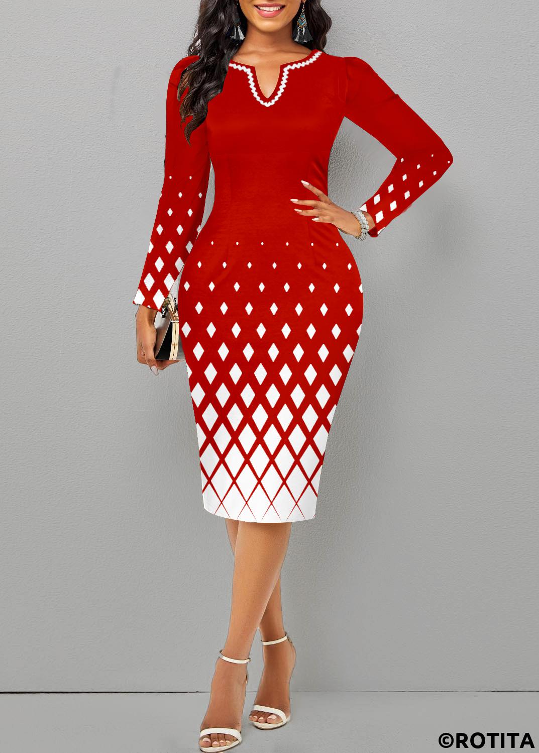 Red plus size,Geometric plus size,Striped plus size,Plaid plus size,Christmas plus size,ROTITA Plus Size Split Red Geometric Print Bodycon Dress