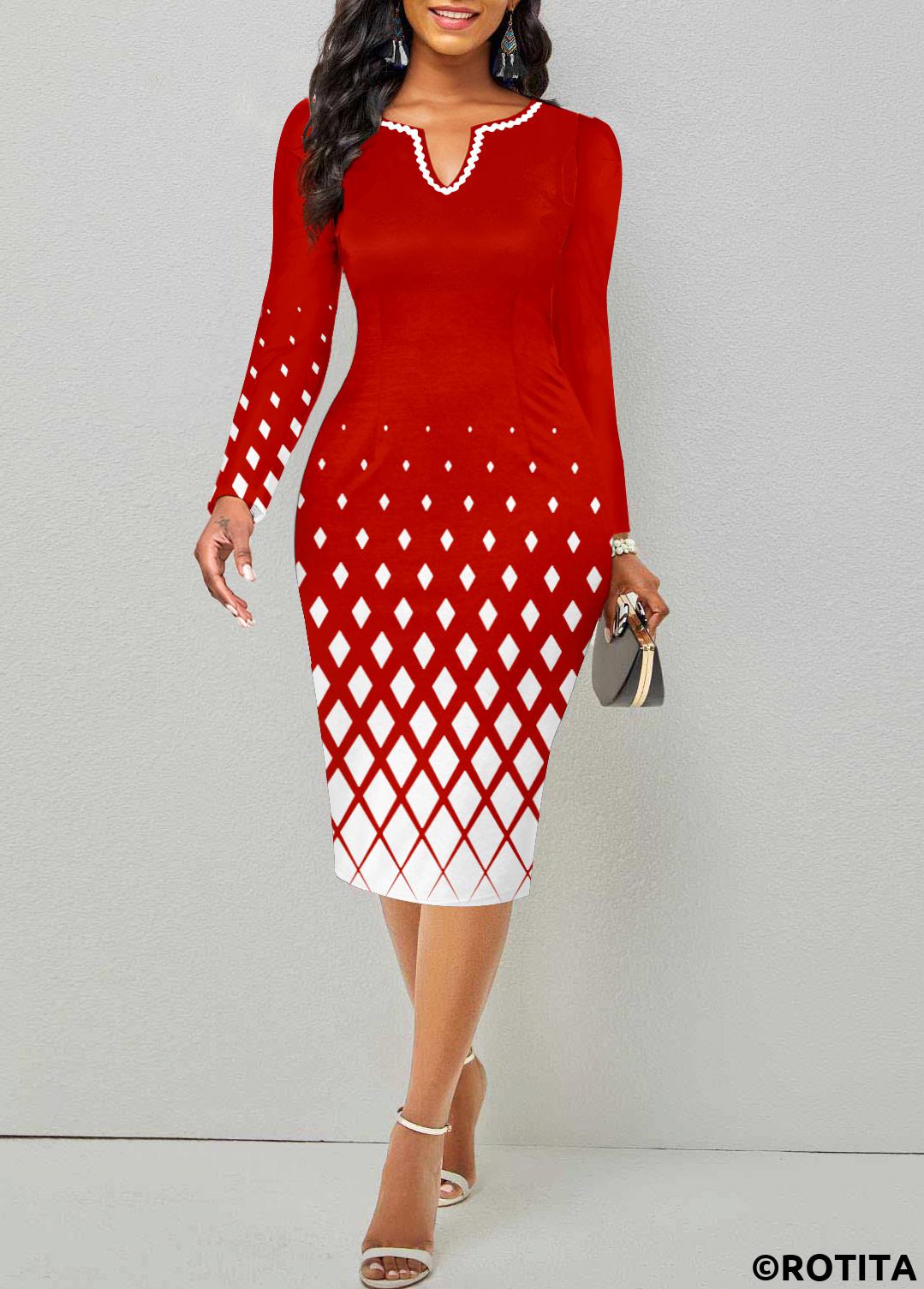 Red plus size,Geometric plus size,Striped plus size,Plaid plus size,Christmas plus size,ROTITA Plus Size Split Red Geometric Print Bodycon Dress