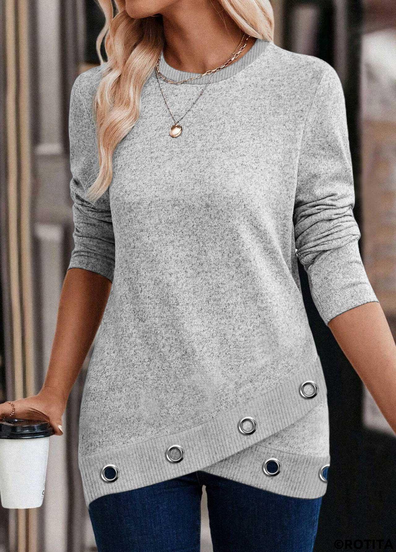 ROTITA Cross Hem Light Grey Round Neck Long Sleeve Sweatshirt