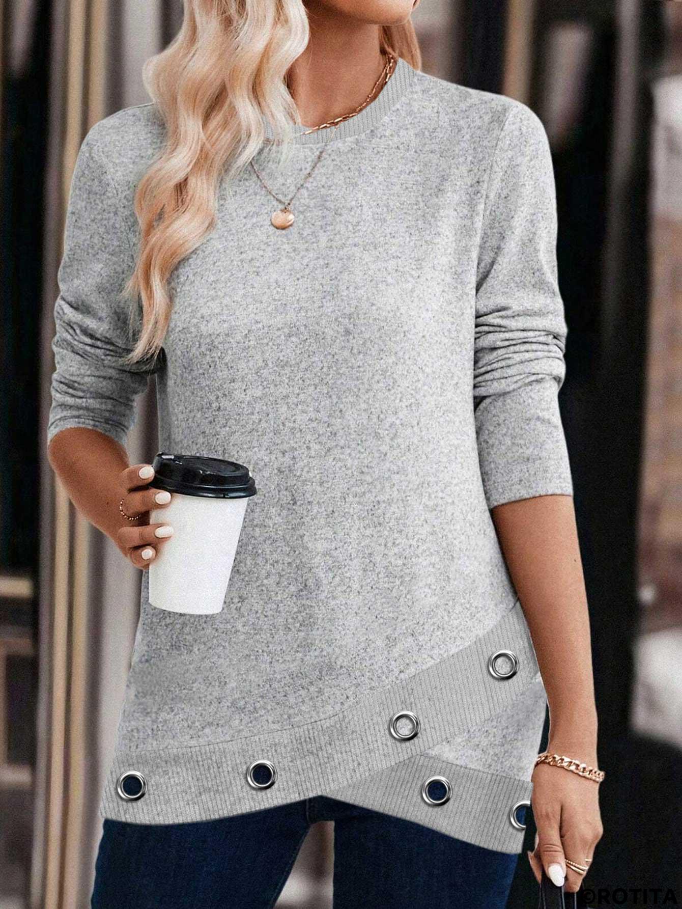 ROTITA Cross Hem Light Grey Round Neck Long Sleeve Sweatshirt