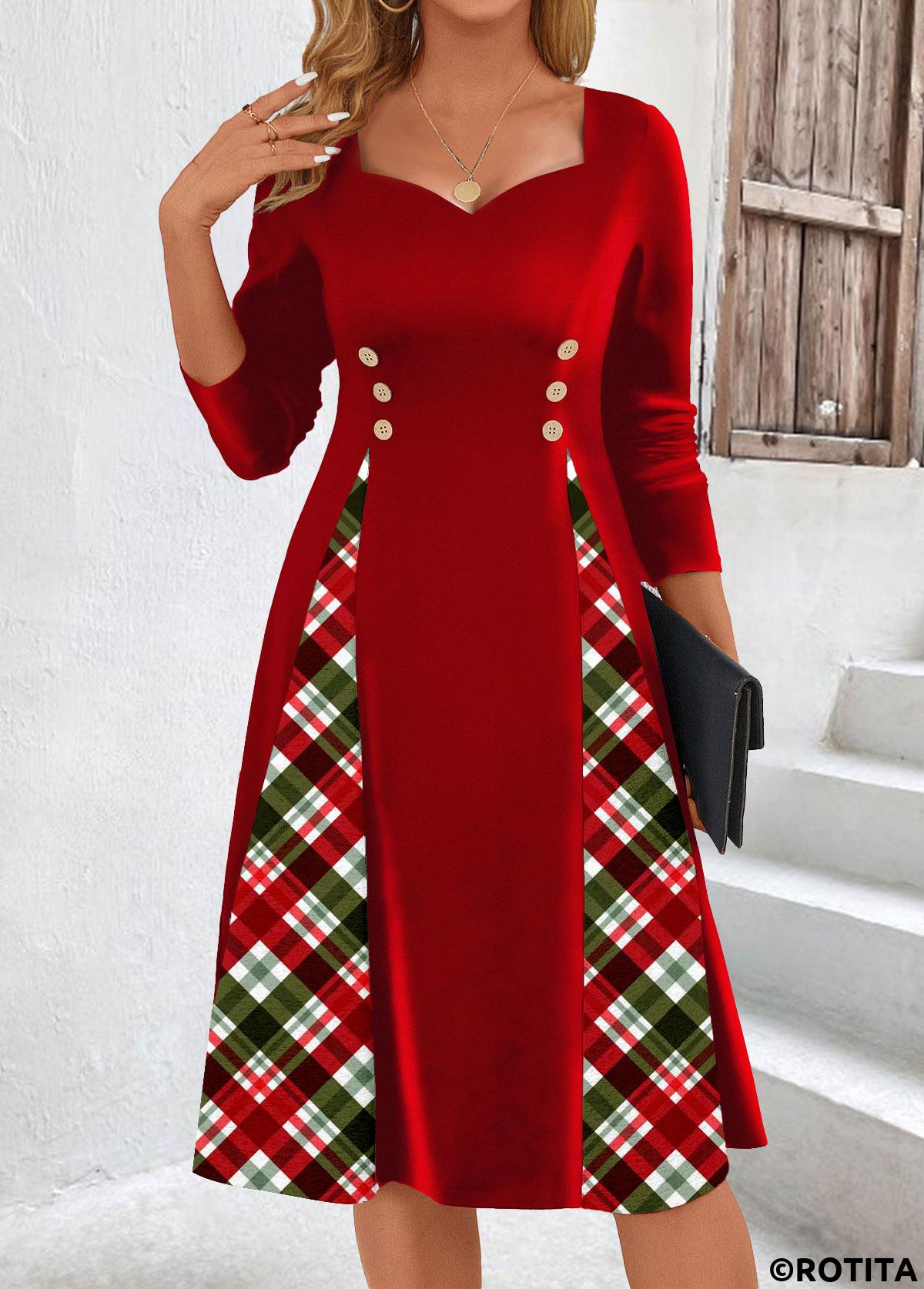 Red dresses,Plaid dresses,Striped dresses,Geometric dresses,Everyday dresses,Casual dresses,ROTITA Patchwork Plaid Red Heart Collar Long Sleeve Dress