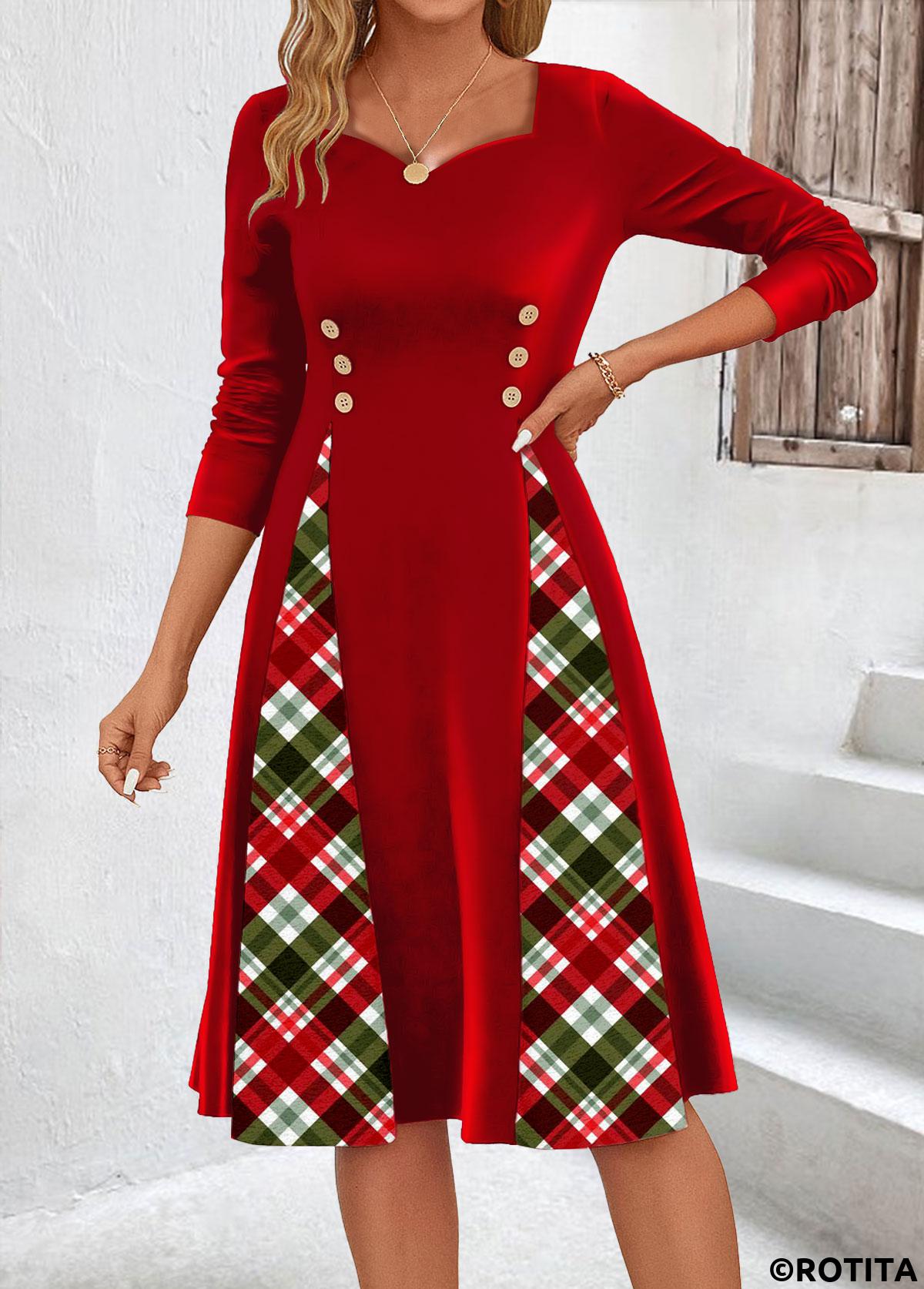Red dresses,Plaid dresses,Striped dresses,Geometric dresses,Everyday dresses,Casual dresses,ROTITA Patchwork Plaid Red Heart Collar Long Sleeve Dress