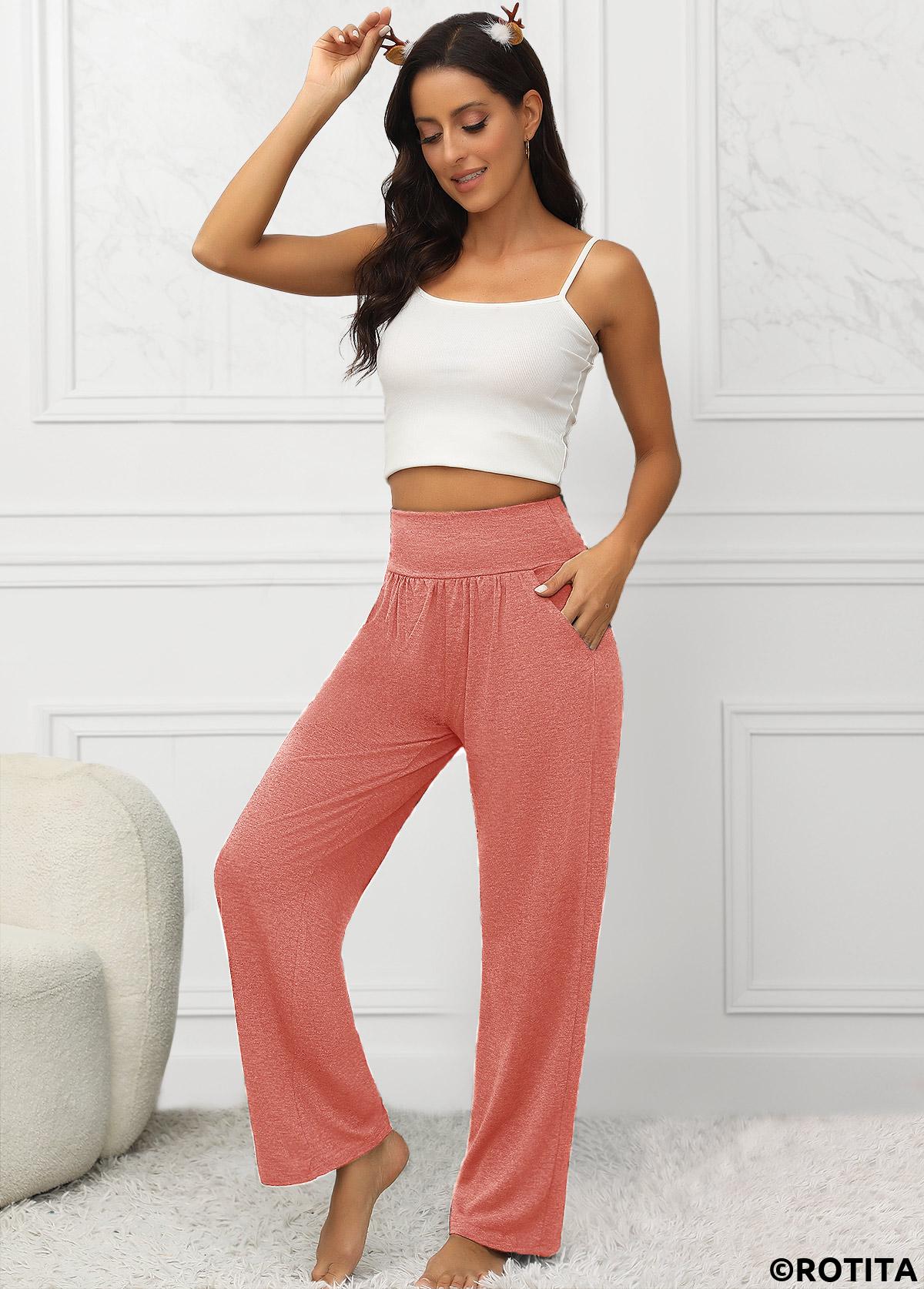 Dusty Pink bottoms,Plain Color bottoms,Pocket Elastic Waist Dusty Pink High Waisted Pants