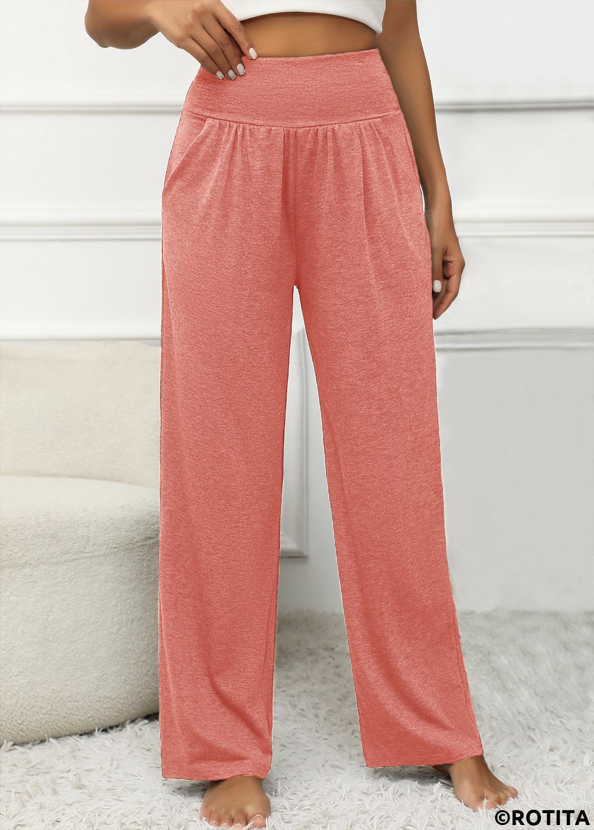 Dusty Pink bottoms,Plain Color bottoms,Pocket Elastic Waist Dusty Pink High Waisted Pants