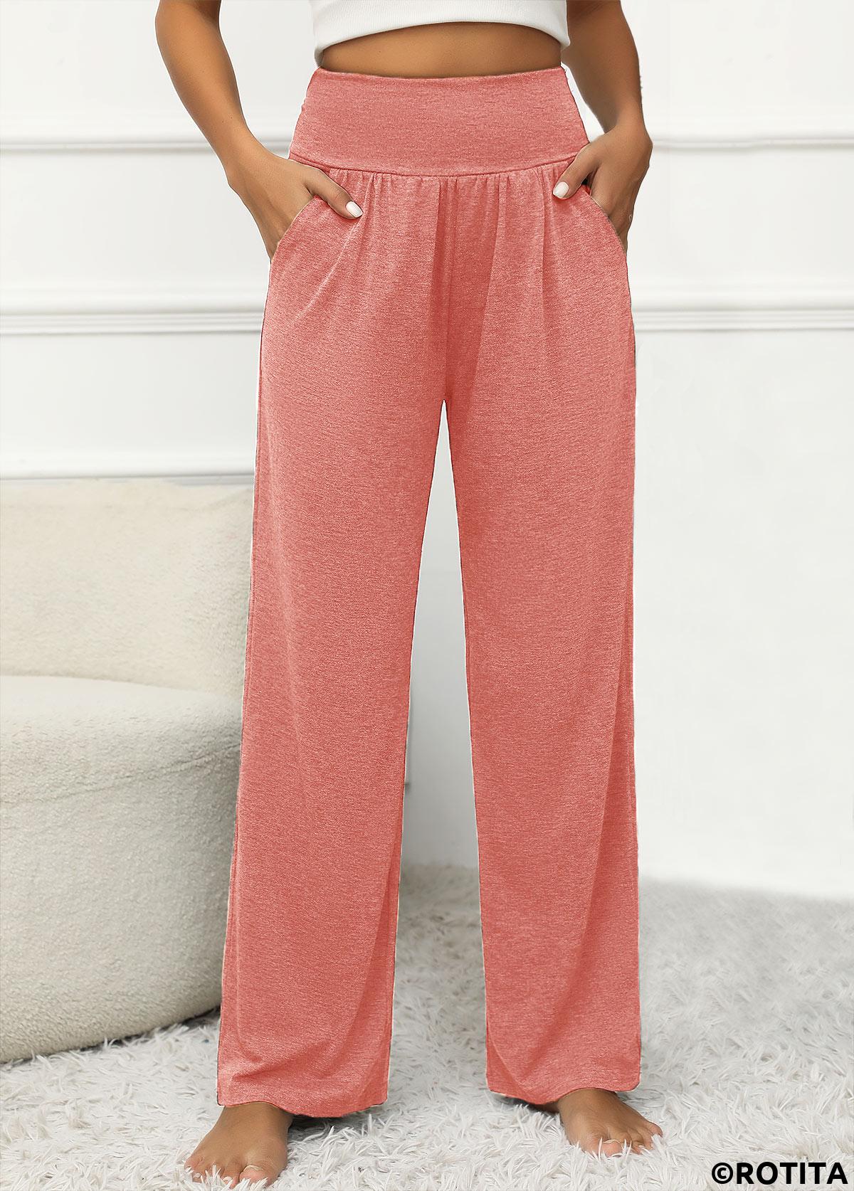 Dusty Pink bottoms,Plain Color bottoms,Pocket Elastic Waist Dusty Pink High Waisted Pants