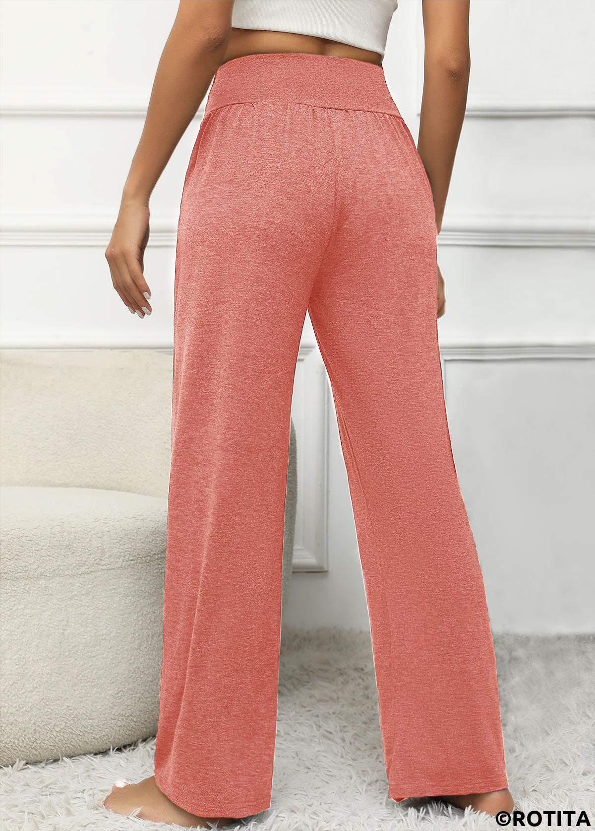 Dusty Pink bottoms,Plain Color bottoms,Pocket Elastic Waist Dusty Pink High Waisted Pants