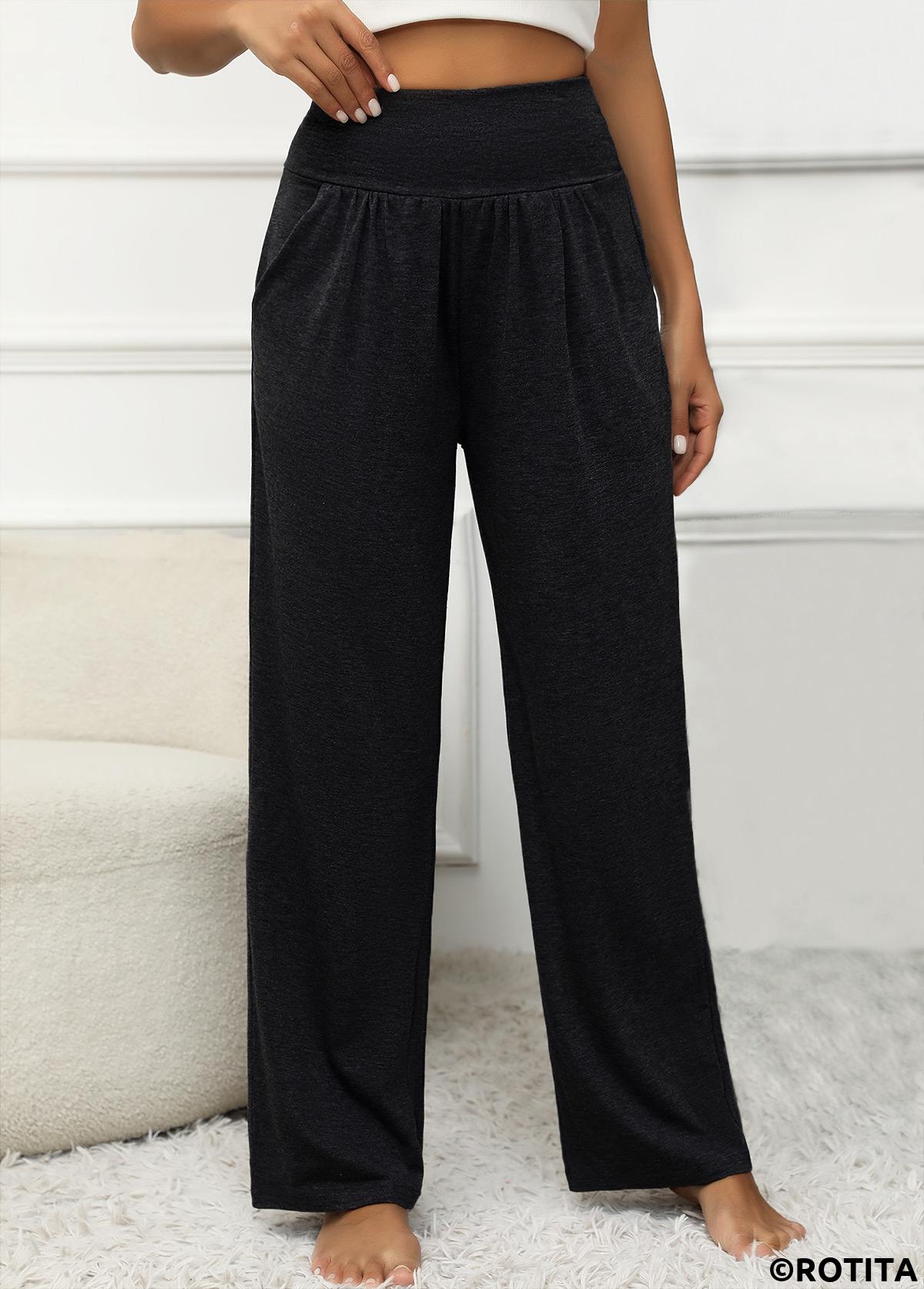 Black bottoms,Plain Color bottoms,Pocket Elastic Waist Black High Waisted Pants