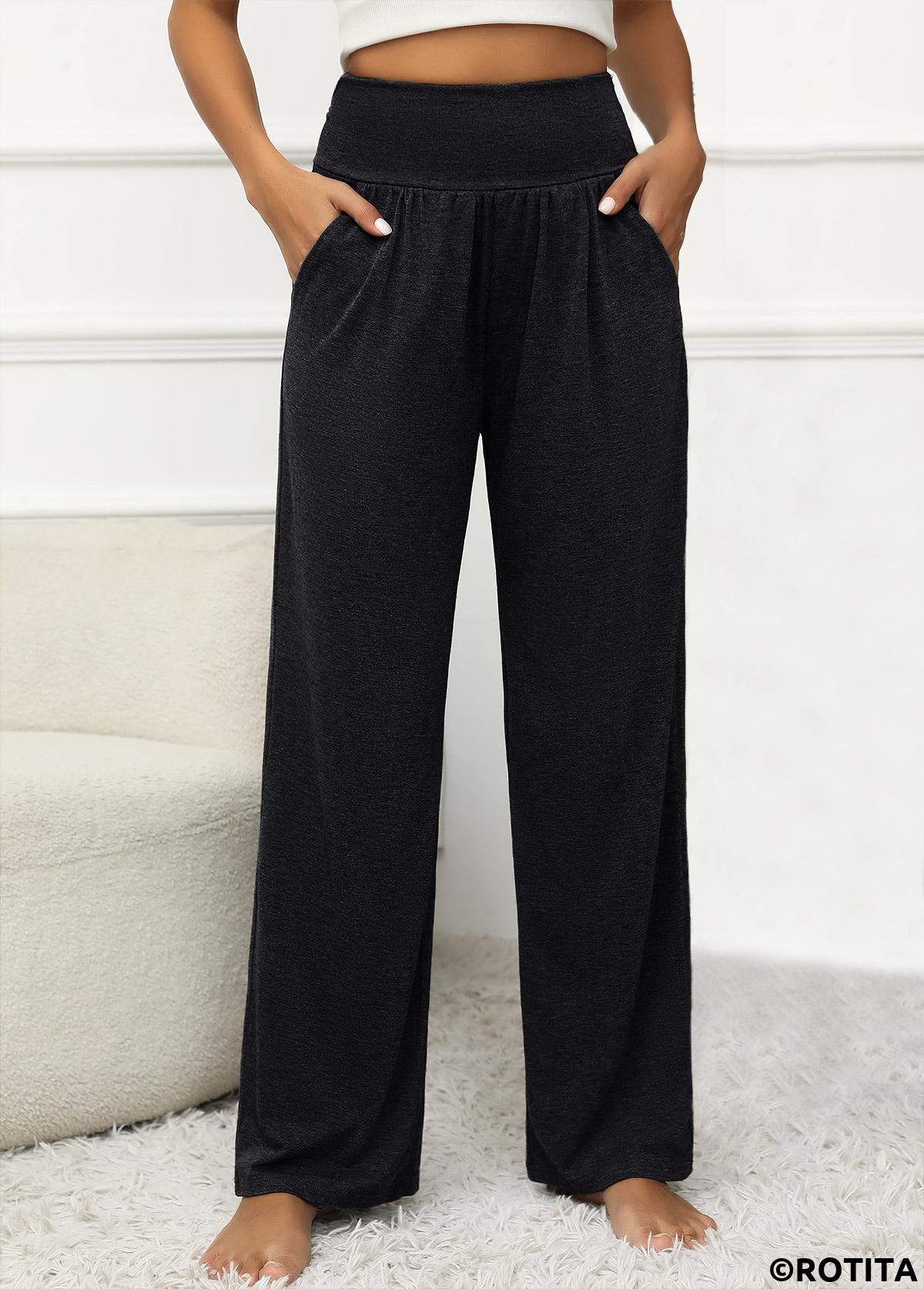 Black bottoms,Plain Color bottoms,Pocket Elastic Waist Black High Waisted Pants