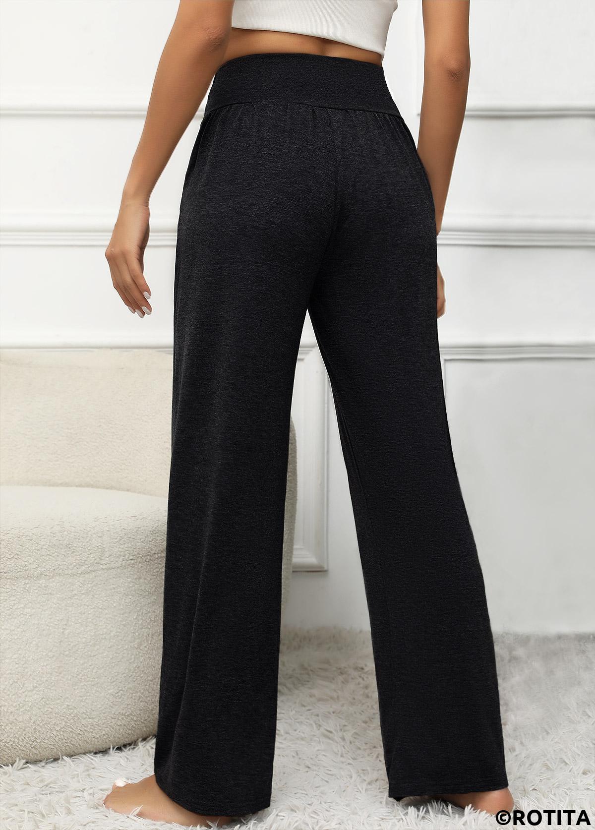 Black bottoms,Plain Color bottoms,Pocket Elastic Waist Black High Waisted Pants