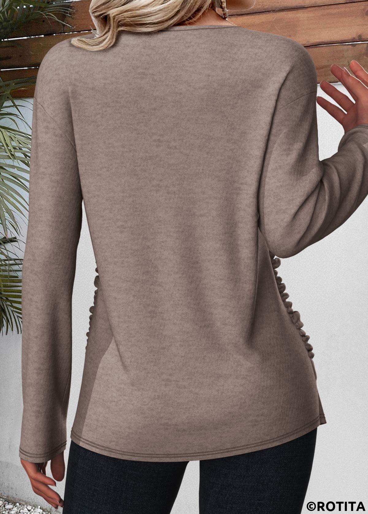 Dark Coffee tops,Plain Color tops,ROTITA Criss Cross Dark Coffee V Neck T Shirt