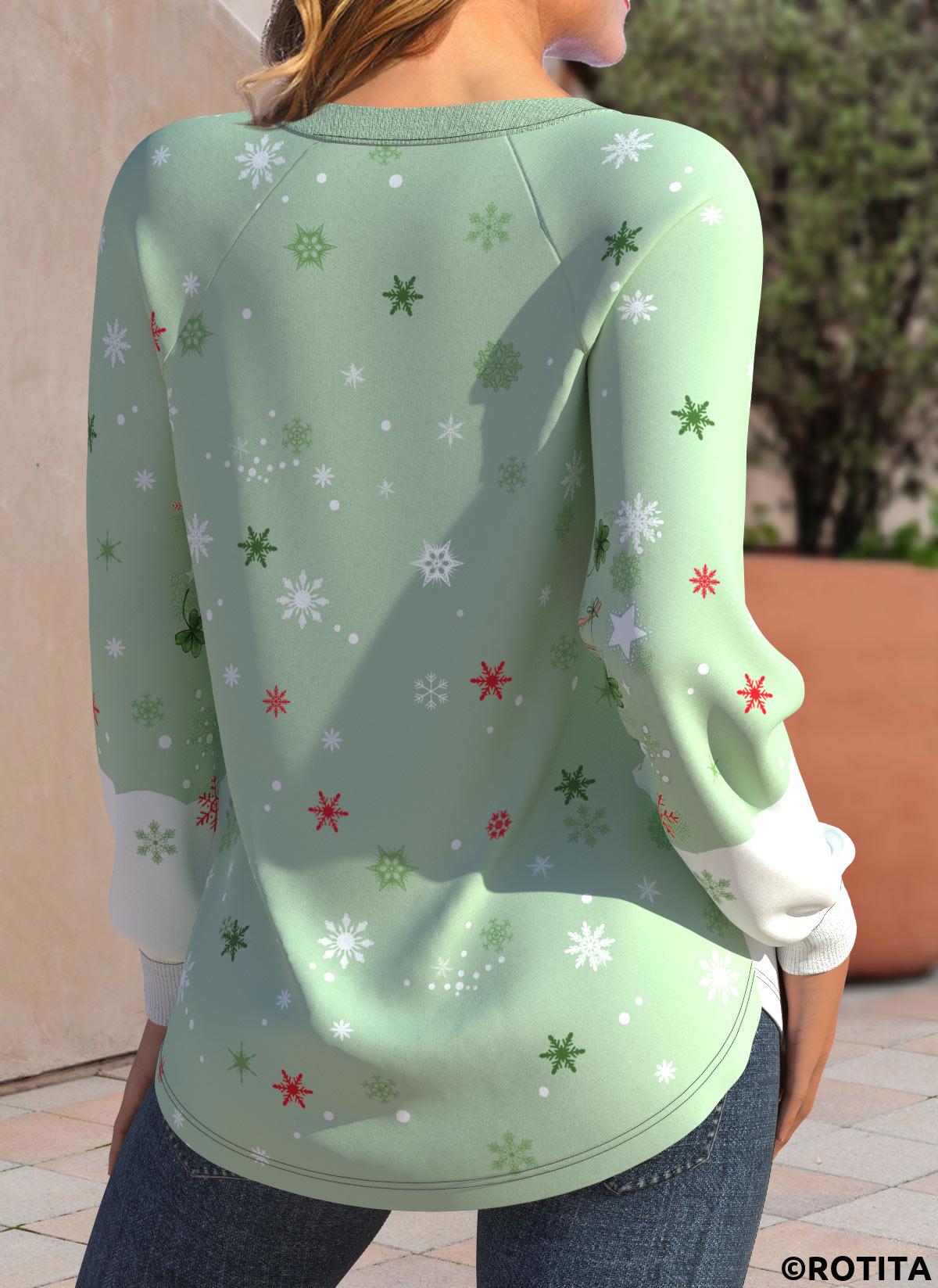 Light Green tops,White tops,Christmas tops,Geometric tops,ROTITA Patchwork Snowman Print Light Green Round Neck T Shirt