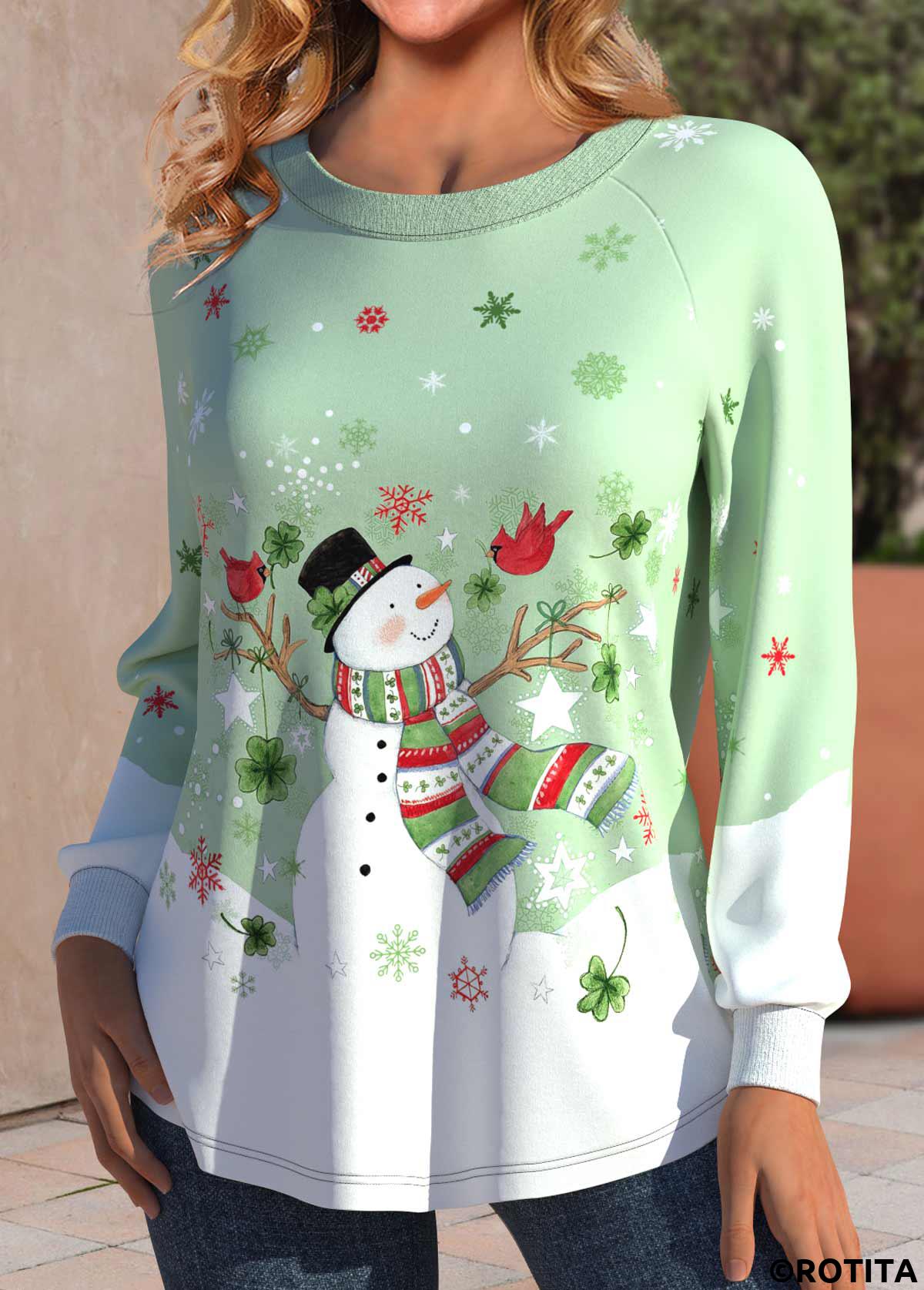 Light Green tops,White tops,Christmas tops,Geometric tops,ROTITA Patchwork Snowman Print Light Green Round Neck T Shirt