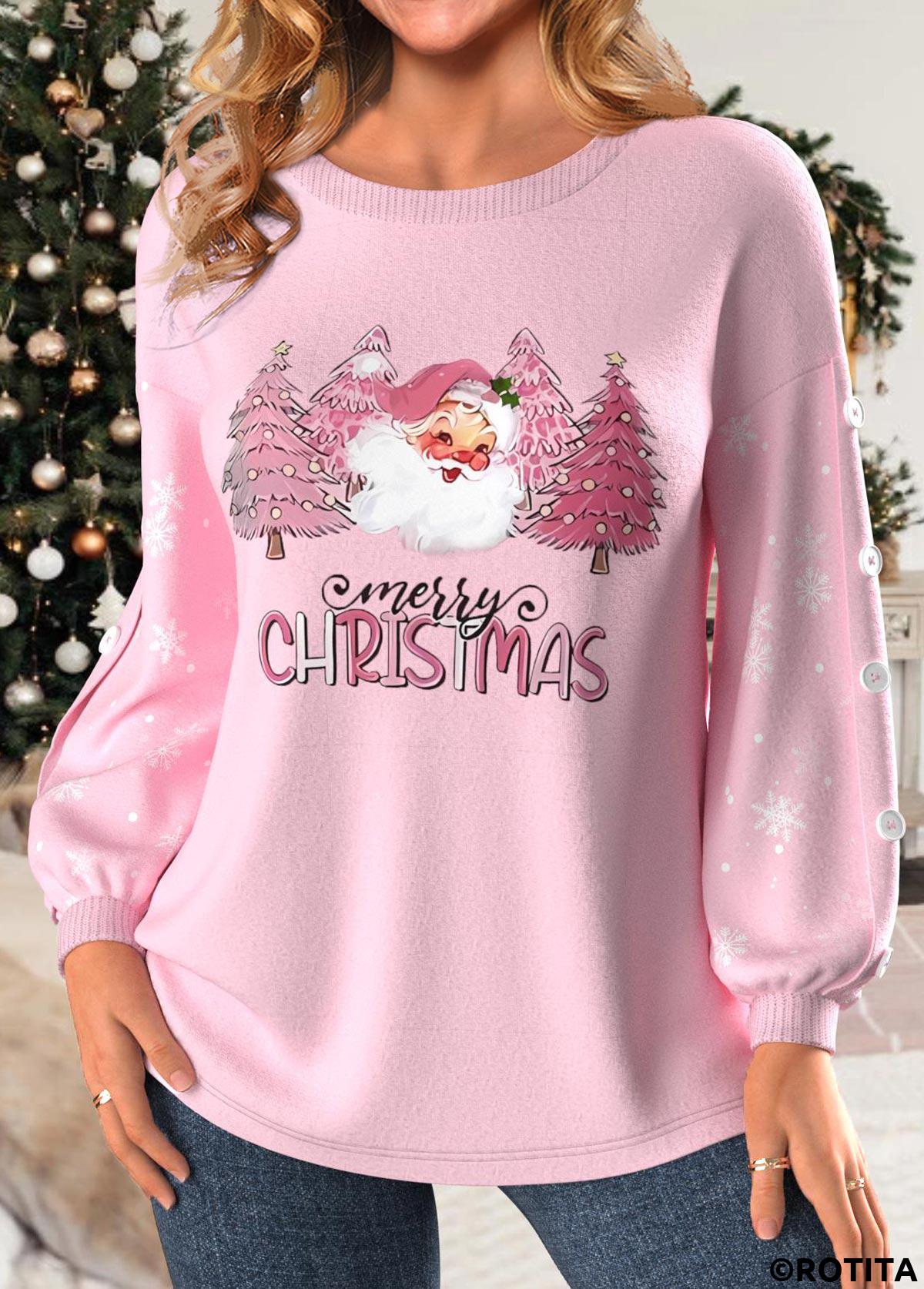 Light Pink plus size,Christmas plus size,Plants plus size,Letter plus size,ROTITA Plus Size Button Light Pink Christmas Print Sweatshirt