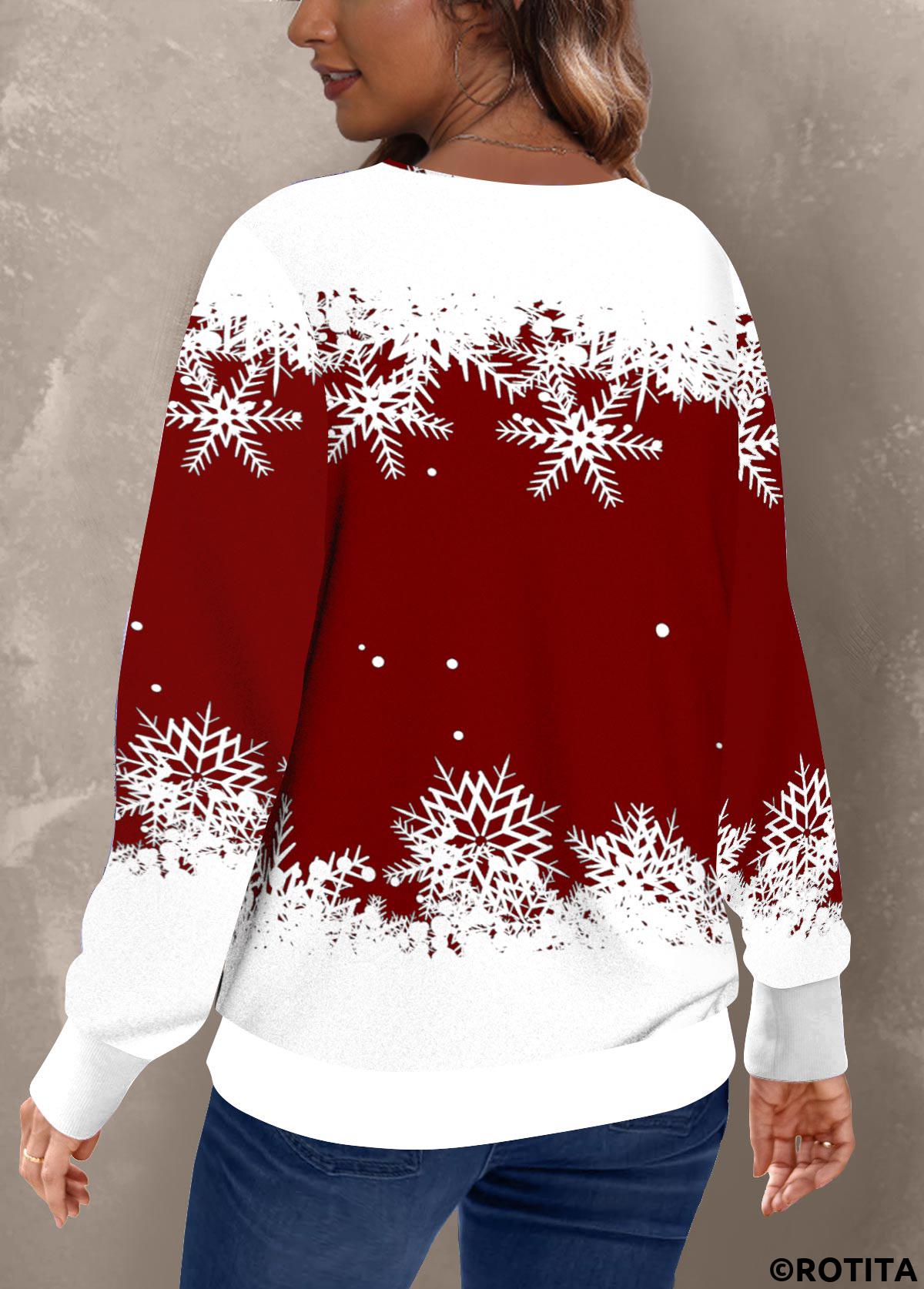 Wine Red tops,White tops,Christmas tops,ROTITA Patchwork Christmas Print Wine Red Round Neck Sweatshirt