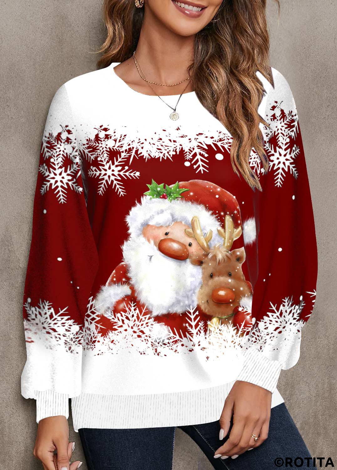 Wine Red tops,White tops,Christmas tops,ROTITA Patchwork Christmas Print Wine Red Round Neck Sweatshirt