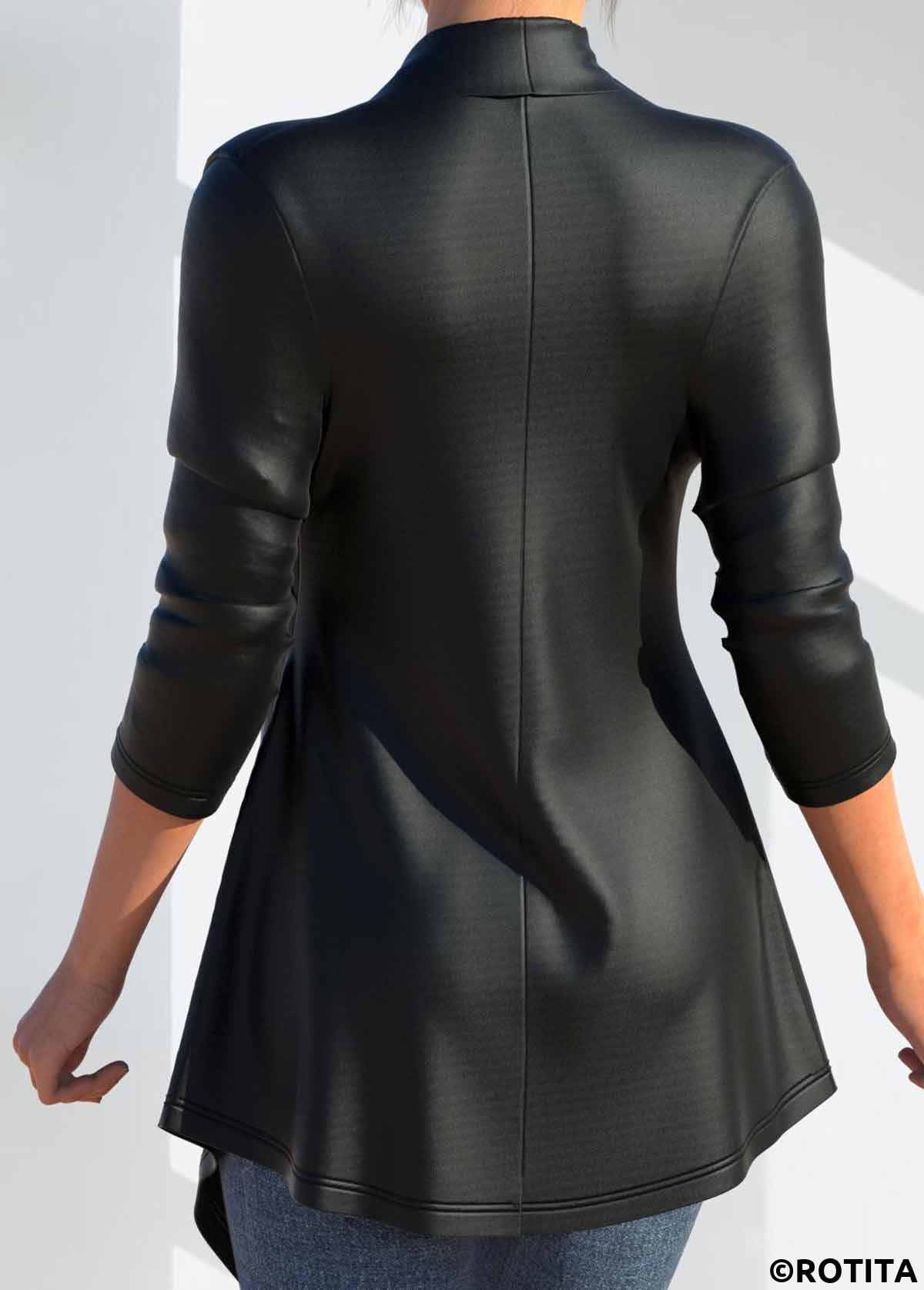 Black tops,Plain Color tops,ROTITA Faux Leather Turn Down Collar Long Sleeve PU Coat