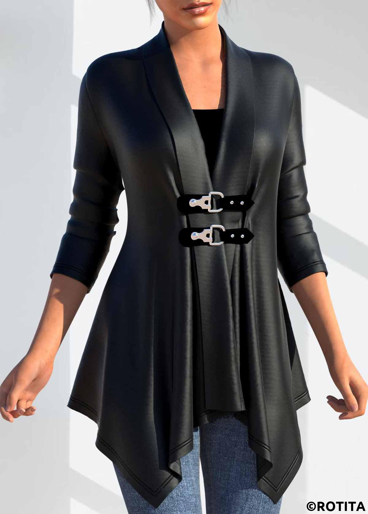 Black tops,Plain Color tops,ROTITA Faux Leather Turn Down Collar Long Sleeve PU Coat