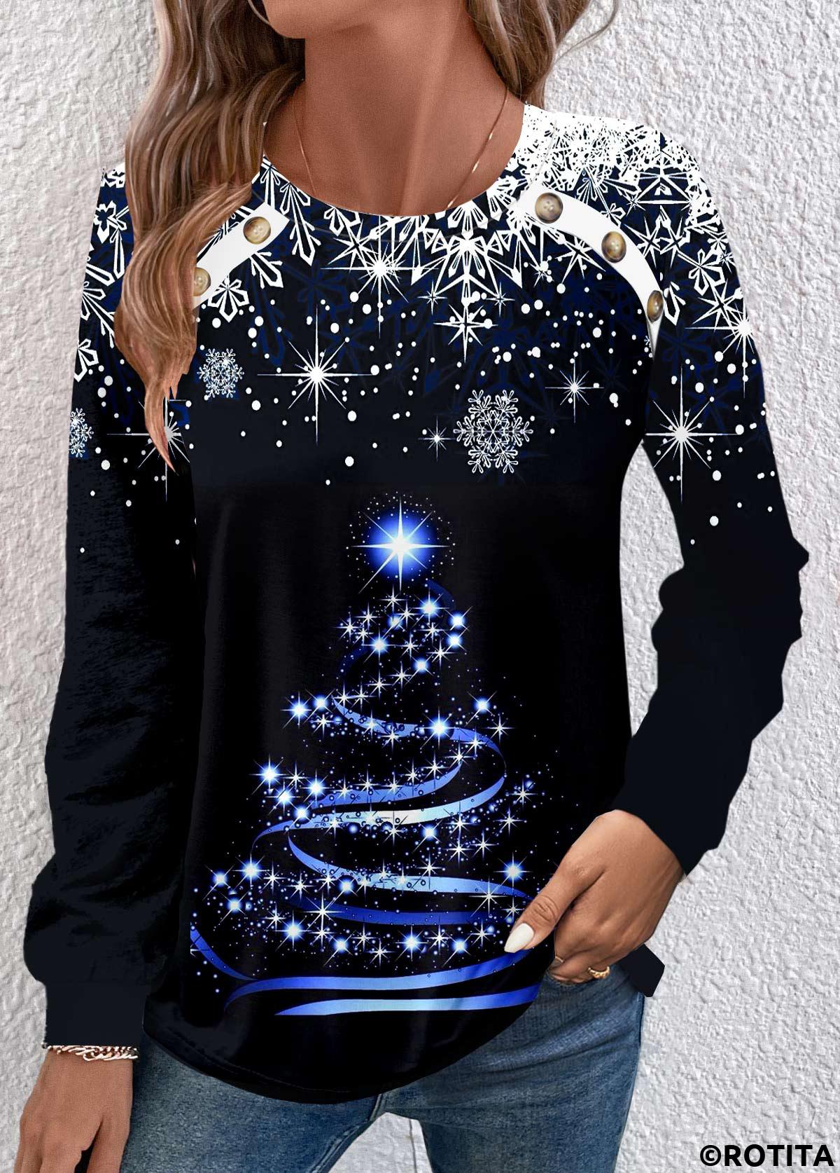 Black tops,Christmas tops,Geometric tops,Plants tops,Dot tops,ROTITA Button Christmas Tree Print Black Round Neck Sweatshirt