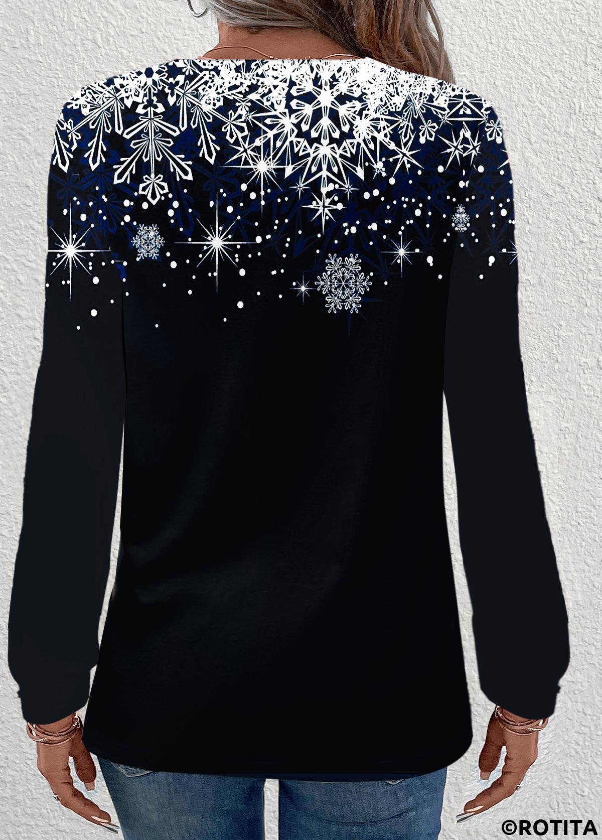 Black tops,Christmas tops,Geometric tops,Plants tops,Dot tops,ROTITA Button Christmas Tree Print Black Round Neck Sweatshirt