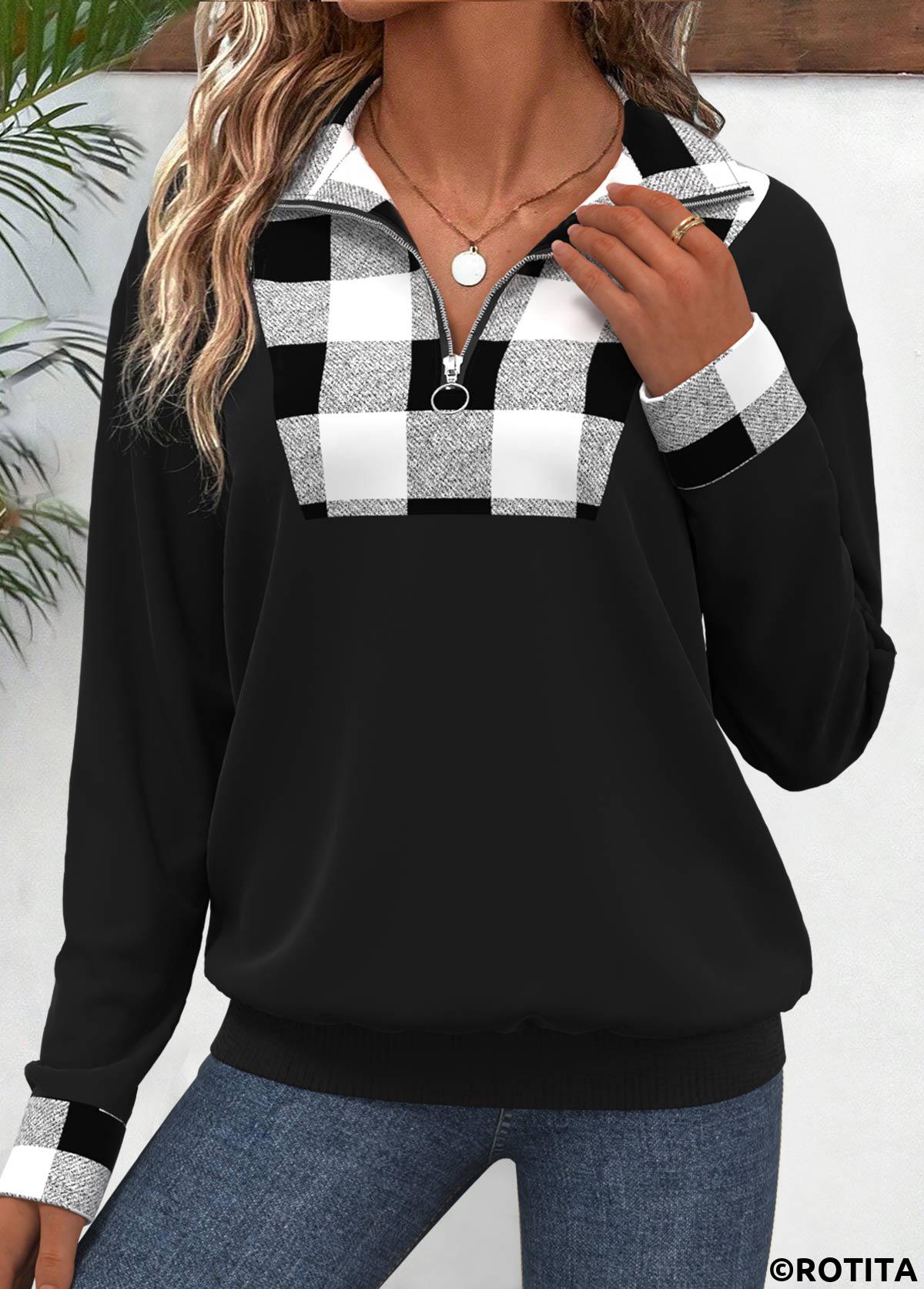 Black tops,Plaid tops,Striped tops,Geometric tops,ROTITA Patchwork Plaid Black Turn Down Collar Long Sleeve Sweatshirt
