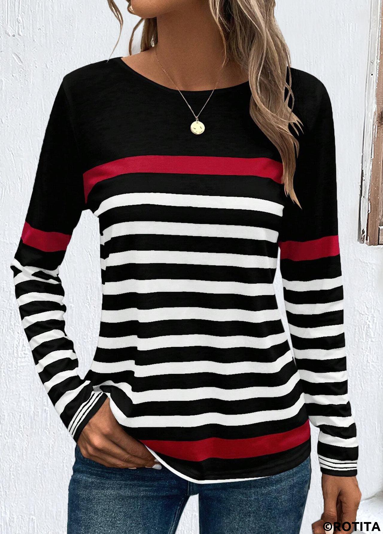 ROTITA Patchwork Striped Black Round Neck Long Sleeve T Shirt