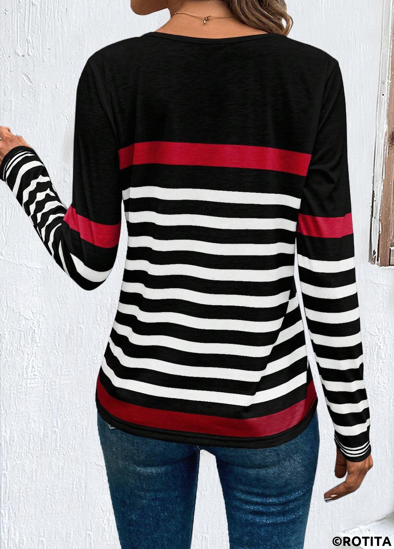 ROTITA Patchwork Striped Black Round Neck Long Sleeve T Shirt