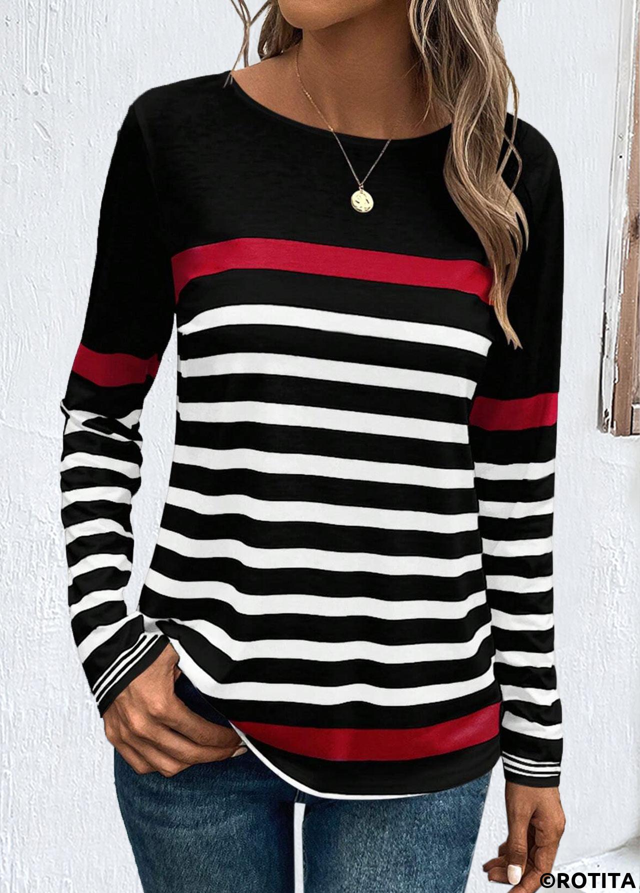 ROTITA Patchwork Striped Black Round Neck Long Sleeve T Shirt