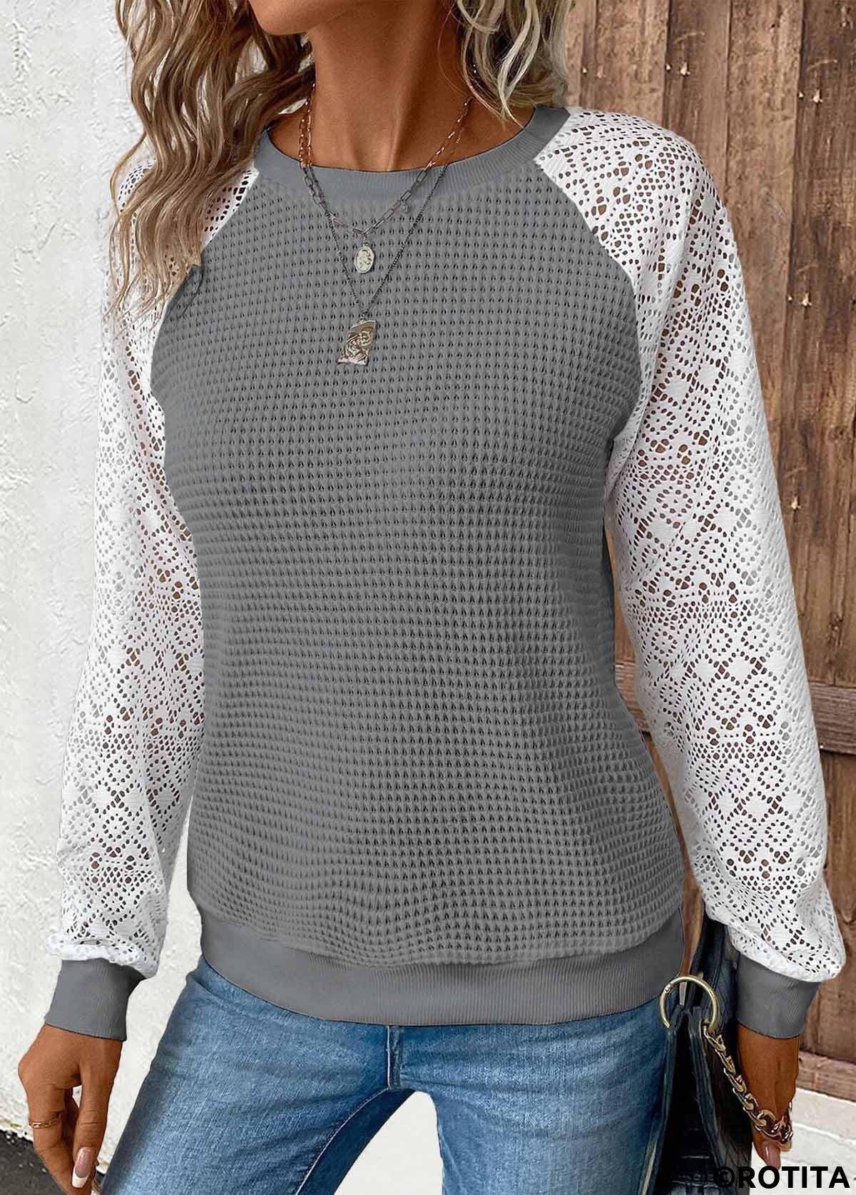 Dark Grey tops,White tops,Contrast Color tops,ROTITA Patchwork Dark Grey Round Neck Long Sleeve T Shirt