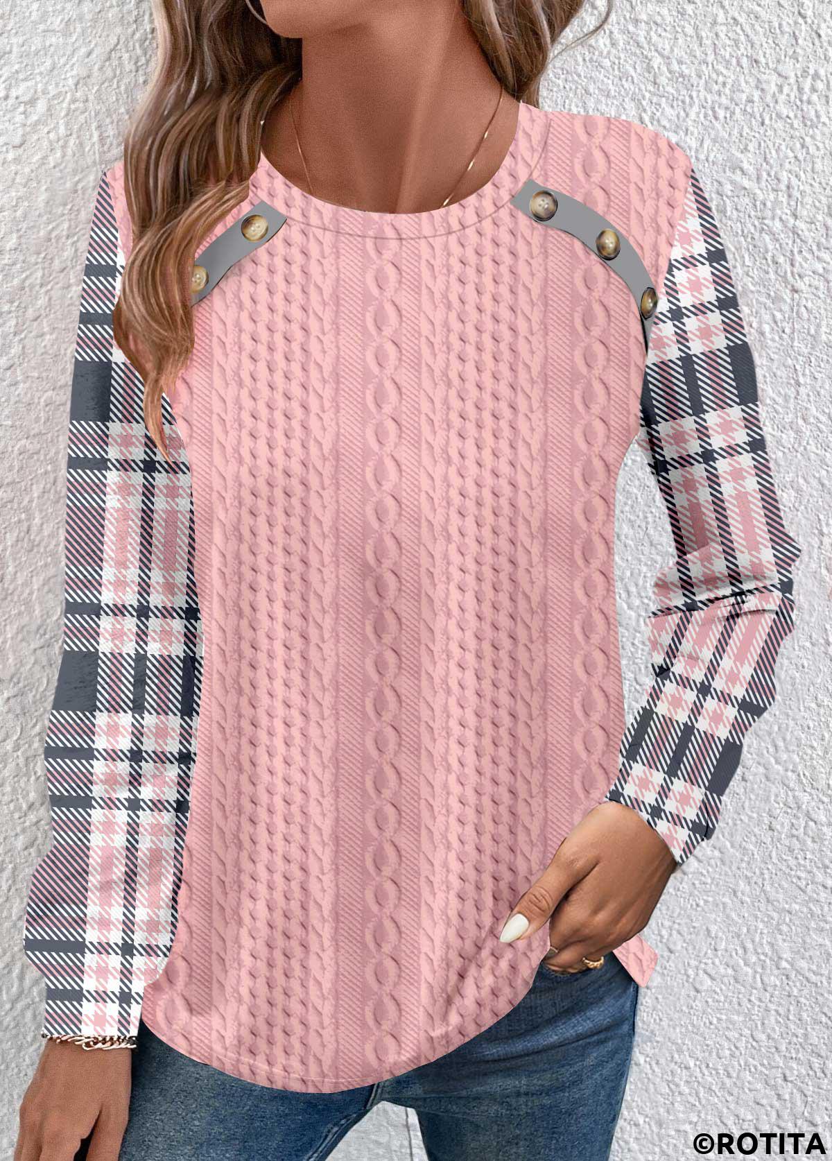 Pink tops,Plaid tops,Striped tops,Geometric tops,ROTITA Patchwork Plaid Pink Round Neck Long Sleeve Sweatshirt