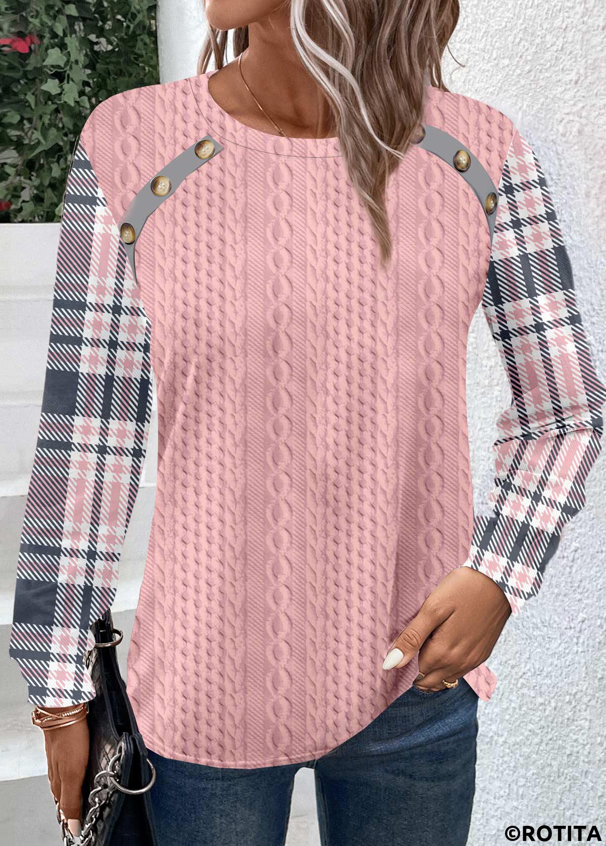 Pink tops,Plaid tops,Striped tops,Geometric tops,ROTITA Patchwork Plaid Pink Round Neck Long Sleeve Sweatshirt