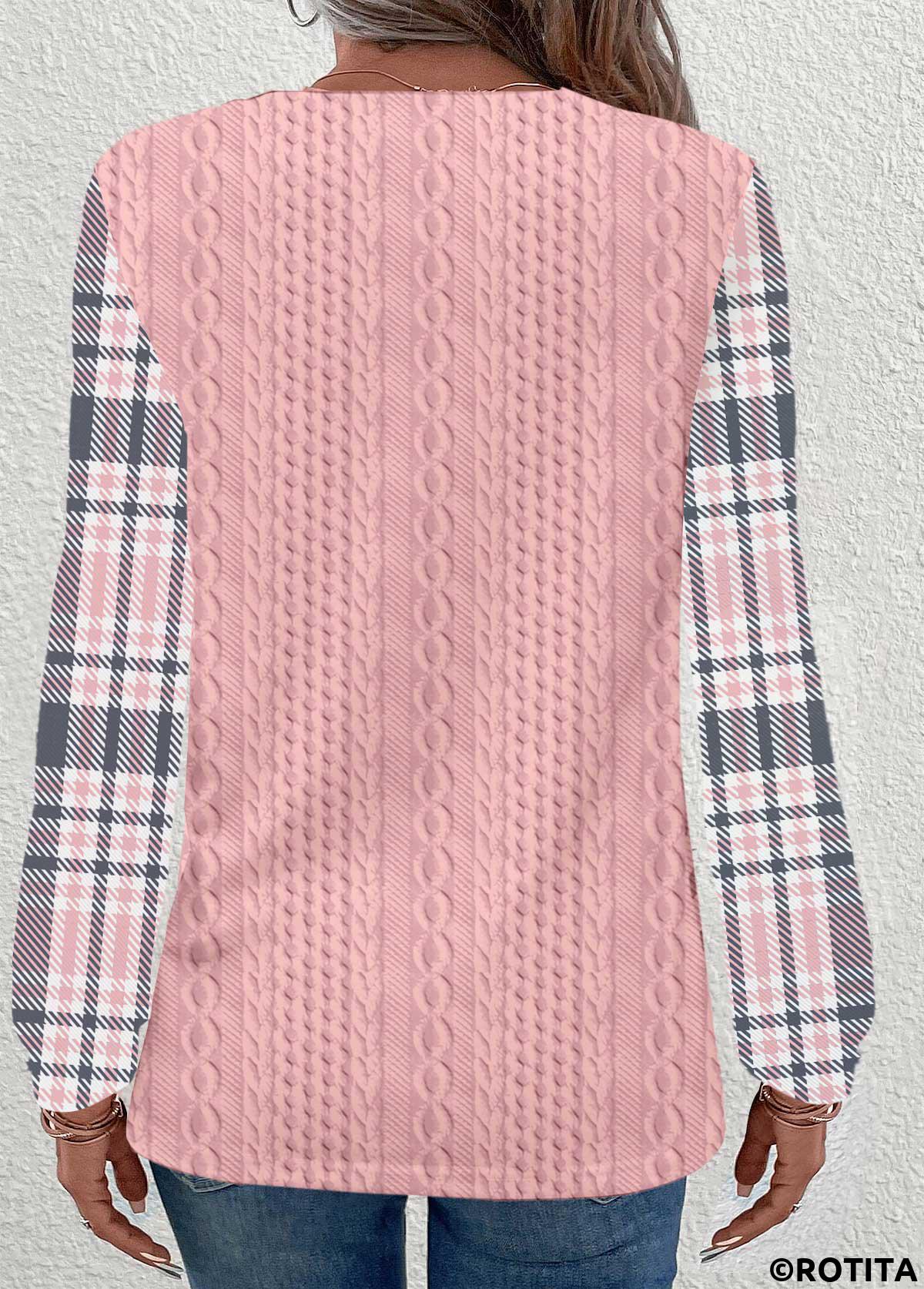 Pink tops,Plaid tops,Striped tops,Geometric tops,ROTITA Patchwork Plaid Pink Round Neck Long Sleeve Sweatshirt